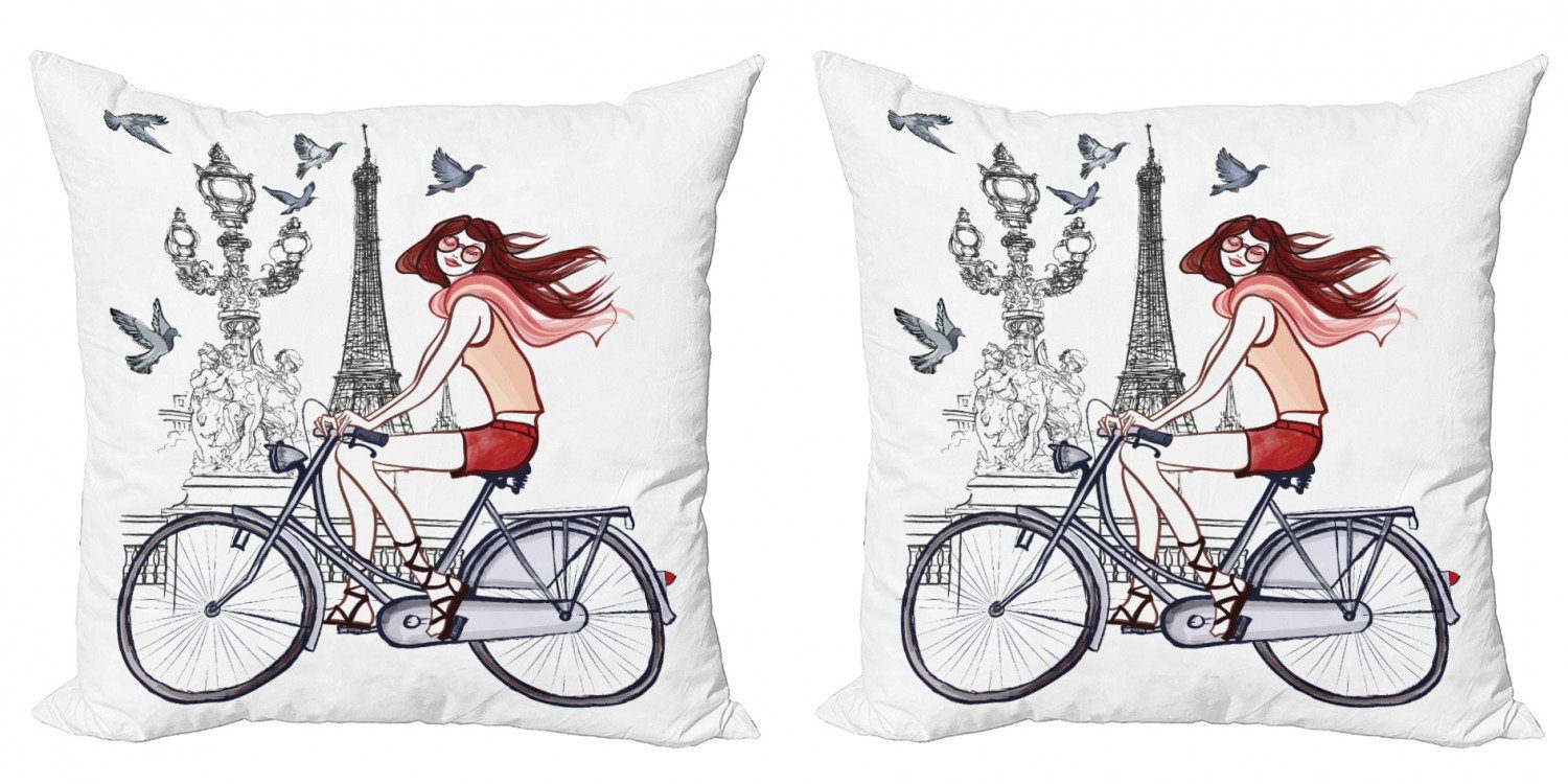 Kissenbezüge Modern Accent Doppelseitiger Digitaldruck, Abakuhaus (2 Stück), Paris Frau auf dem Fahrrad Eiffel