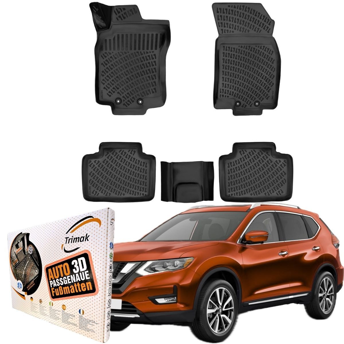 Trimak Passform-Fußmatten Oder Kofferraumwanne Oder Set für Nissan X-Trail, Nissan X-Trail 3. Gen. 2013-2022 Gummimatten Auto TPE Allwetter