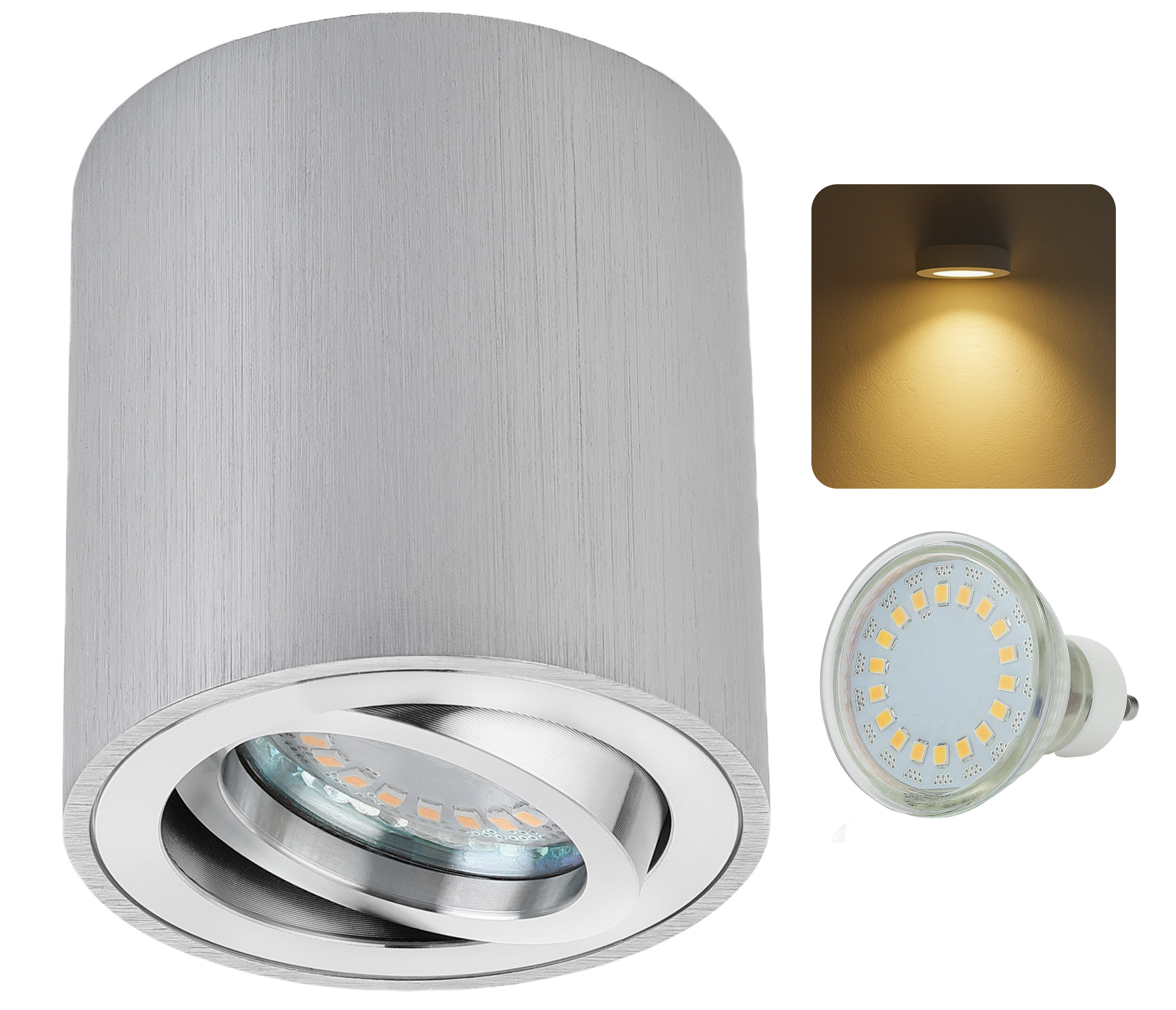Sweet LED LED Deckenspots GU10 5W Aufbauspots 230V Alu-gebürstet, LED fest integriert, Warmweiß, Deckenaufbauleuchte, Aufbaustrahler, Deckenspot