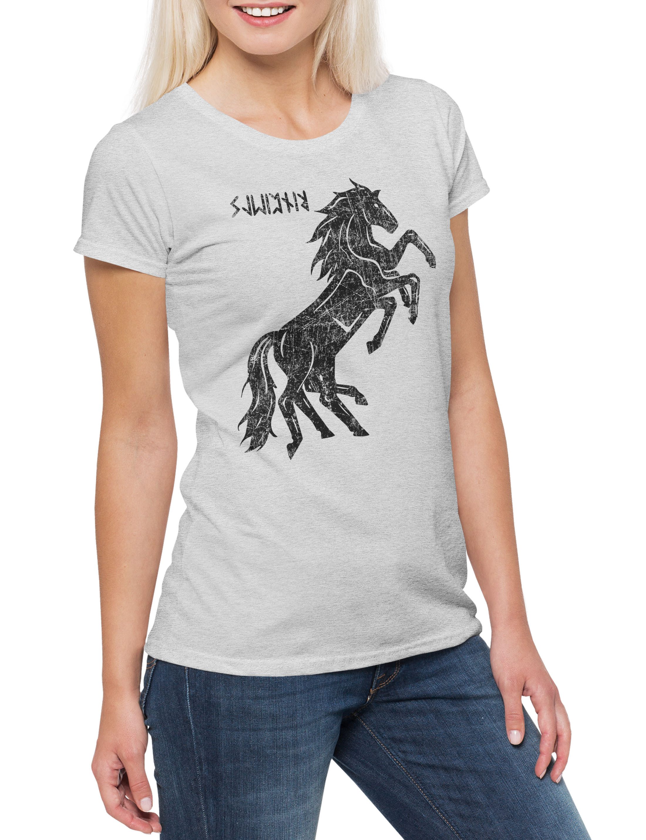 Print-Shirt Sleipnir II Damen T-Shirt Odhins Horse Pferd Horse Wikinger Drinking