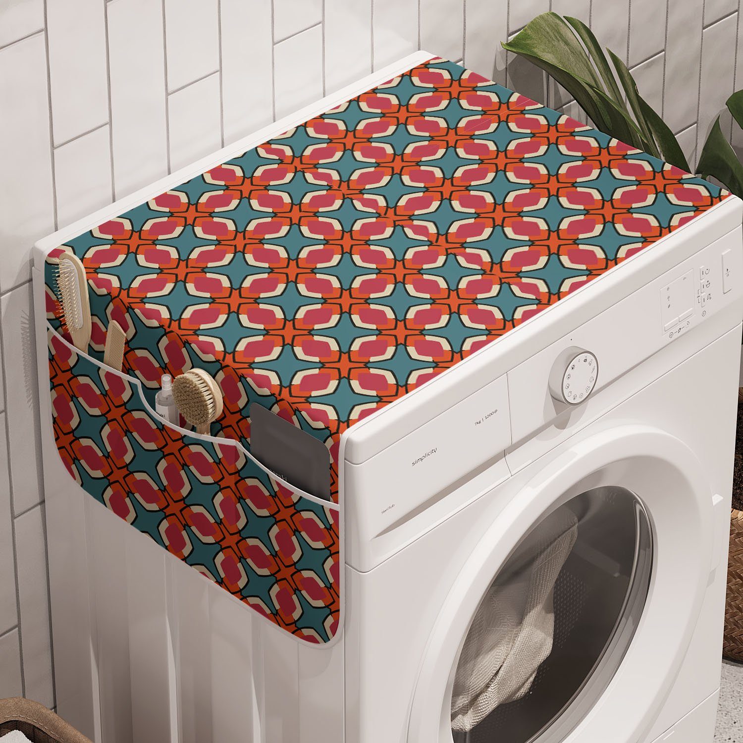 Illustrated abstrakte und Trockner, Fliesen Anti-Rutsch-Stoffabdeckung Waschmaschine für Abakuhaus Badorganizer Retro