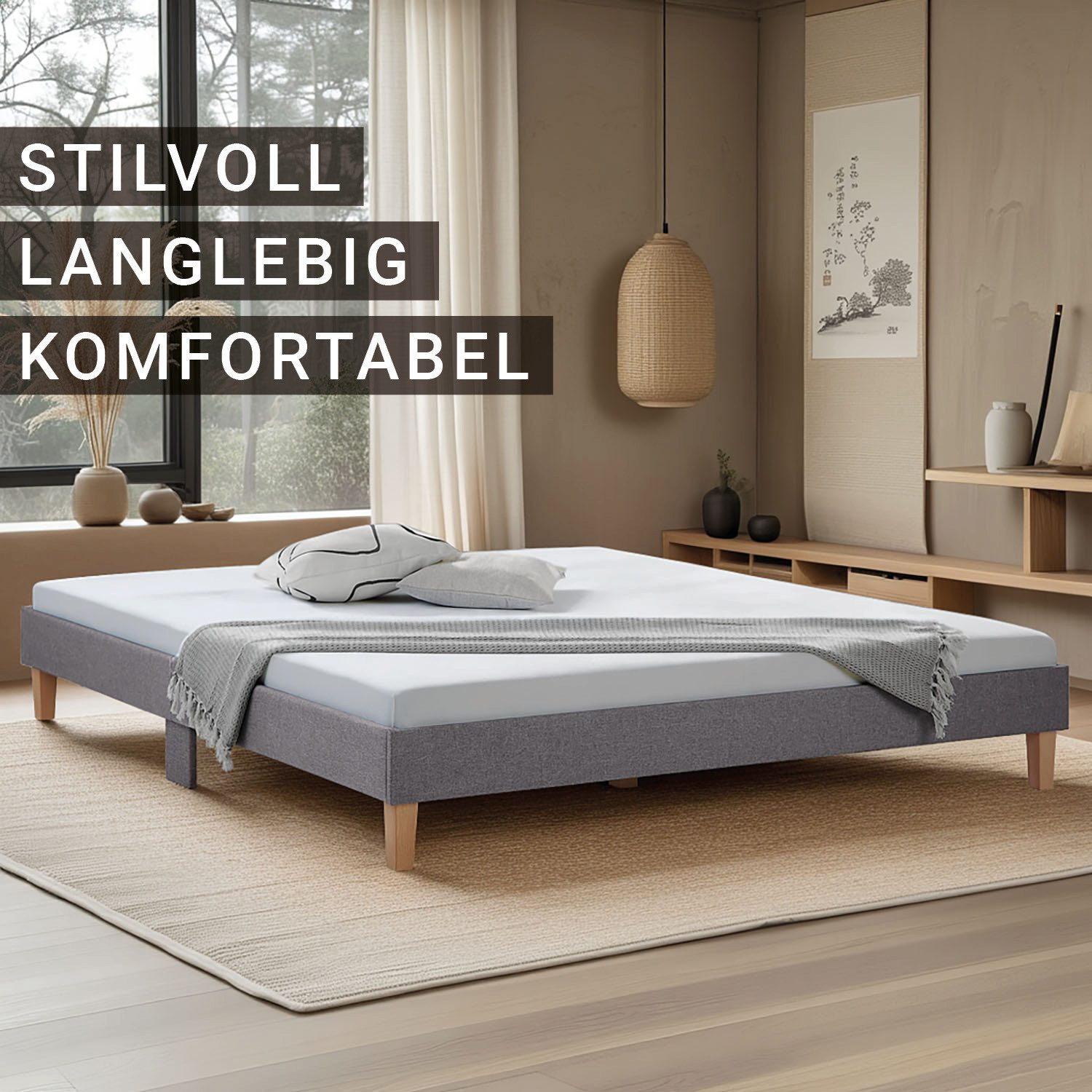 Homestyle4u Polsterbett 90x200 120x200 140x200 160x200 180x200 ohne Kopfteil Grau Futonbett (Set, mit Lattenrost), Doppelbett 180 x 200 cm