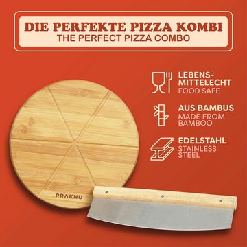 Praknu Pizzaschneidebrett Pizzabrett aus Holz mit Pizzaschneider, Bambusholz, (Set, 1-St), 2er-Set - Pizzamesser aus Edelstahl mit scharfer Klinge