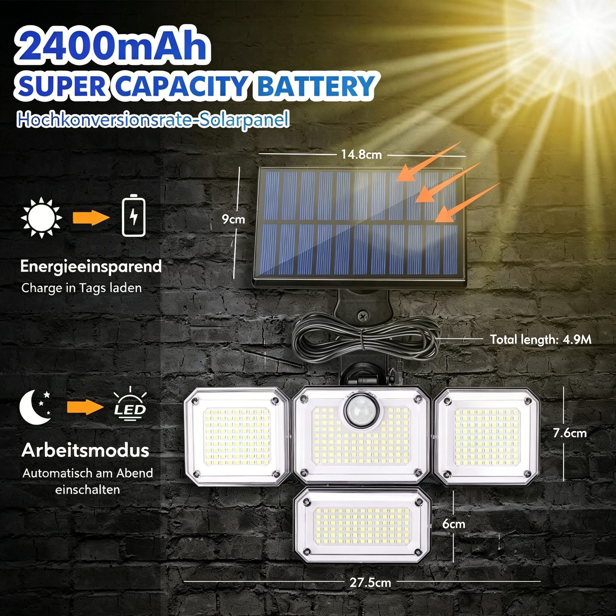 AIBISTAR LED Solarleuchte Solarlampen 333 LED 3 Modi PIR Bewegungssensor IP65, 333 x superhelle LED, Tageslichtweiß, 2400mAh,240° Weitwinkelbeleuchtung,Erfassungsreichweite 3-5 Meter
