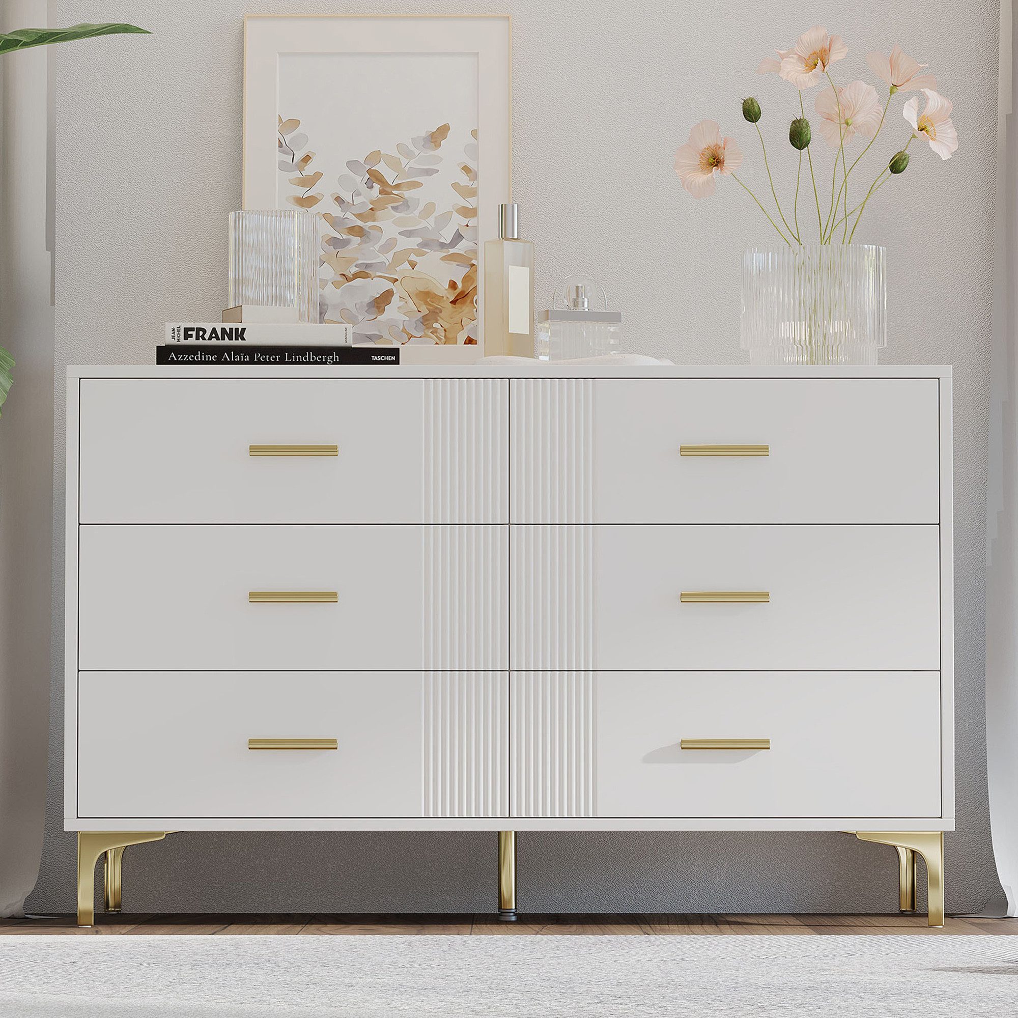 Flieks Kommode mit 6 Schubladen Weiß (Maße: H76/B120/T40 cm, 1 St., für Wohnzimmer und Schlafzimmer), Mehrzweckschrank Sideboard Holzschrank, Metallgriffe und Metallbeine