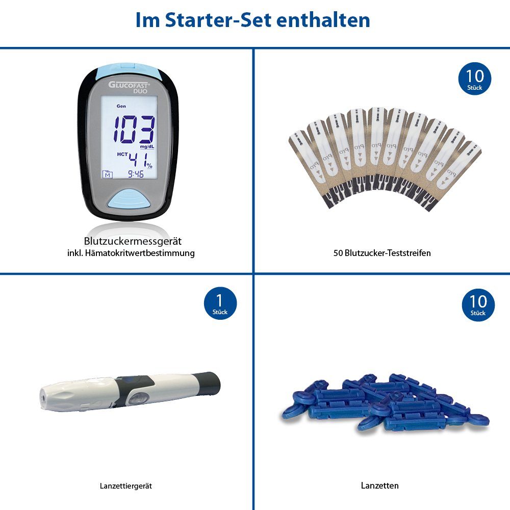 GLUCOFAST Blutzuckermessgerät DUO Maßeinheit in MG, Starterset, Ink. 10 Tetsteifen, 10 Lanzetten und Lanzettiergerät, Blutzucker und Hämatokritwert mit einer Messung bestimmen