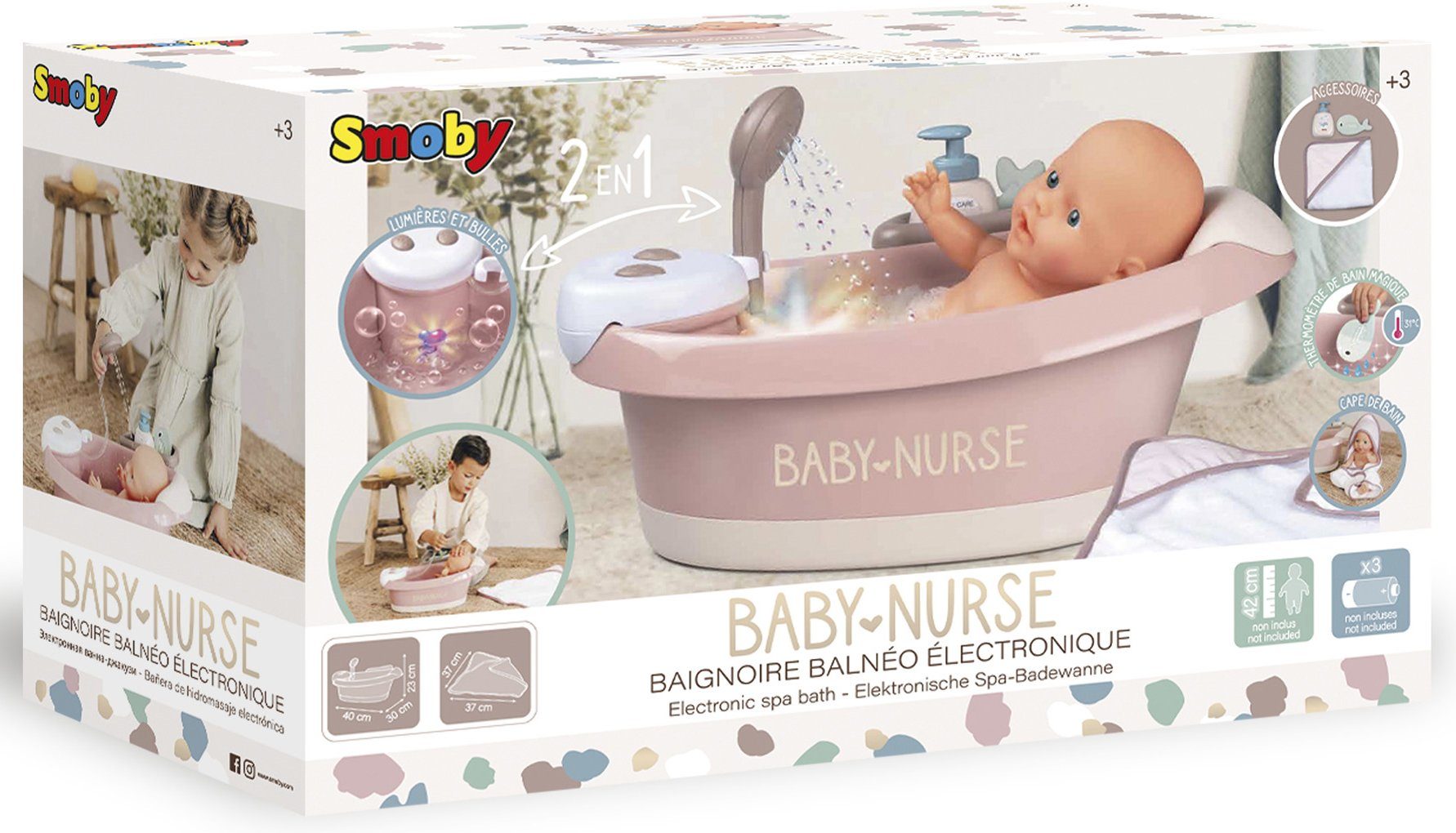 Smoby Puppen rosa, mit Nurse, Lichteffekten Baby elektronische Puppen-Badewanne, Badewanne