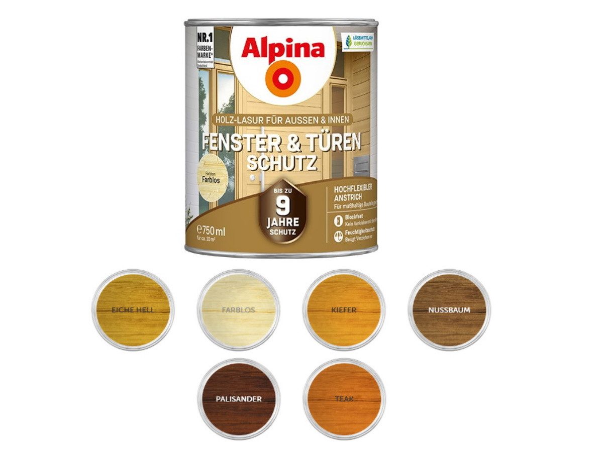 Alpina Holzschutzlasur Alpina 750 ml Fenster- und Türen Schutz Holzlasur Farbwahl, Mit bis zu 9 Jahren Schutzdauer
