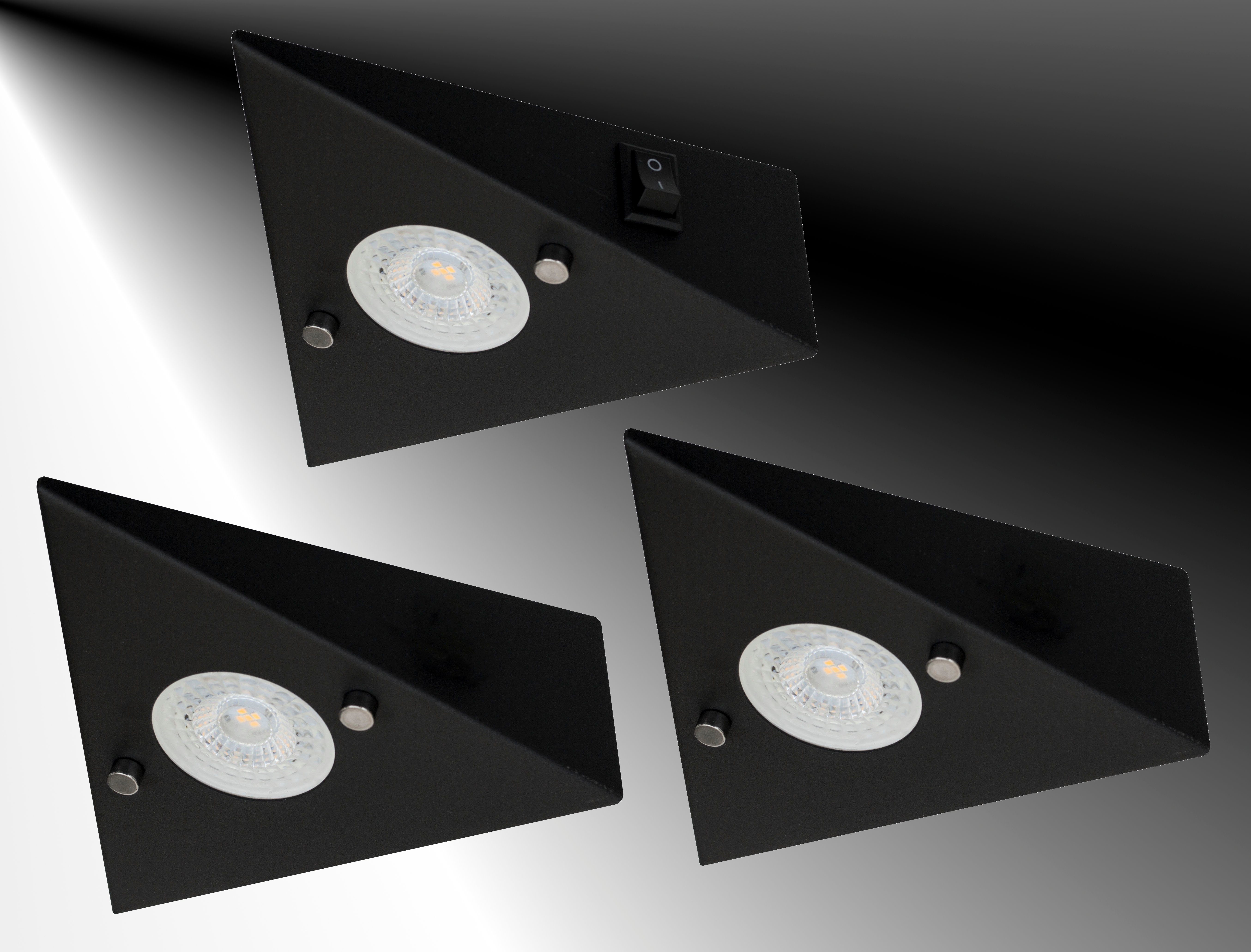 TRANGO LED Unterbauleuchte, 3er Set 6740-35 LED-Küchenunterbauleuchte aus Edelstahl in Matt-Schwarz *COOK* LED Einbauleuchte - Einbaustrahler inkl. 3x 4,8 Watt LED Modul 3000K warmweiß - direkt 230 Volt - beliebig erweiterbar, Schalter - Dreieckleuchte – Schrankleuchte