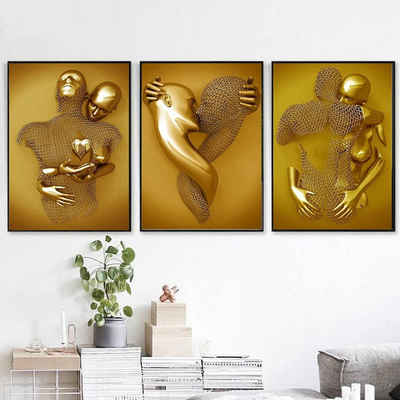Leway Kunstdruck Bild Leinwand Kunst Wand 3er, Liebesherz 3D Effekt, Paare, Metallkunst Set, abstrakte Metallfigur Skulptur Deko,Gold,No Frame