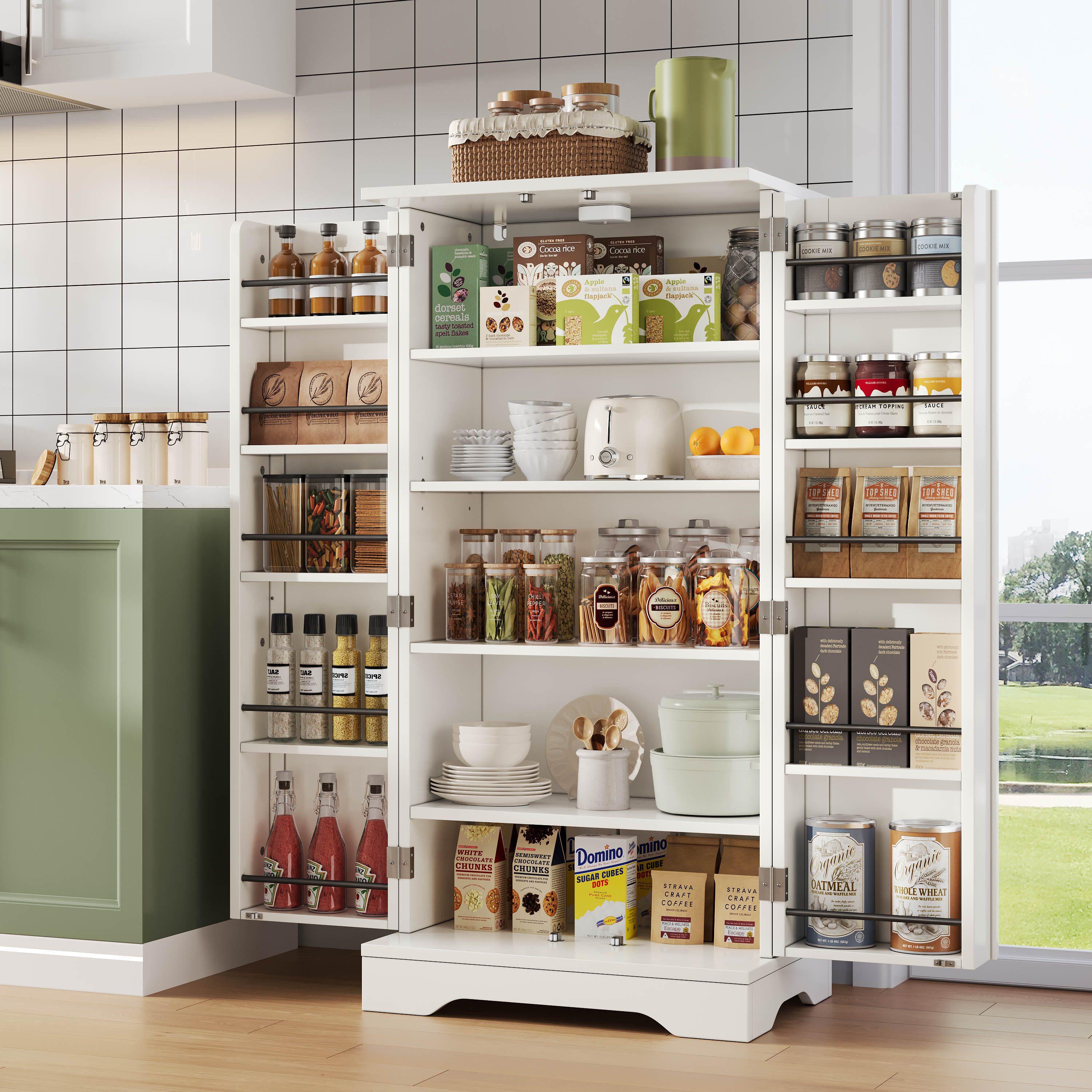 Flieks Mehrzweckschrank Hochschrank mit LED-Sensorlicht und verstellbaren Regalböden (H120,5xB60xT40 cm, 1-St) Küchenschrank mit Türablagen Buffetschrank Aufbewahrungsschrank weiß