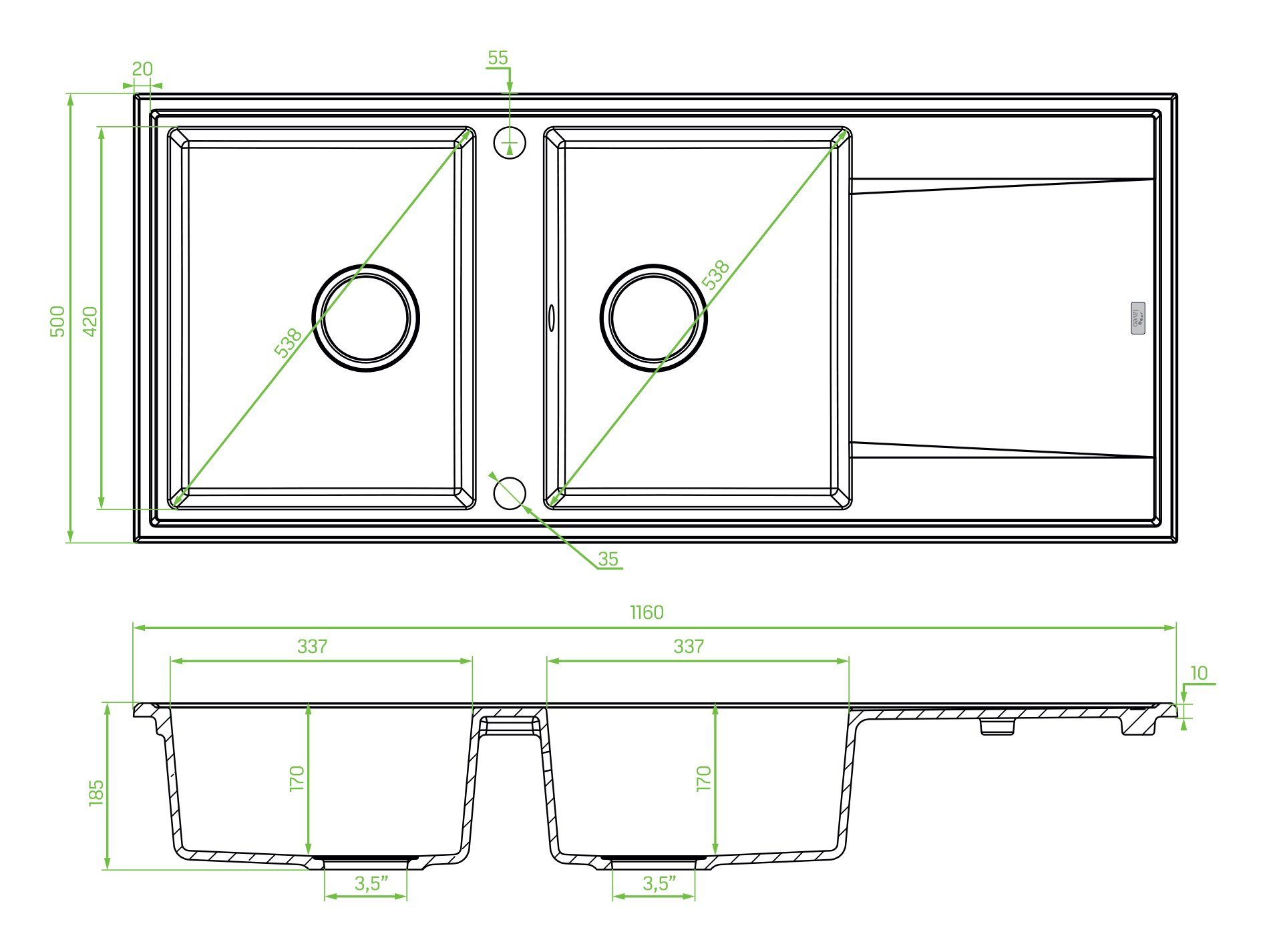 KOLMAN Küchenspüle Doppelbecken Megalo Granitspüle, Rechteckig, 50/116 cm, Space Saving Siphon GRATIS – Bild 3 von 3