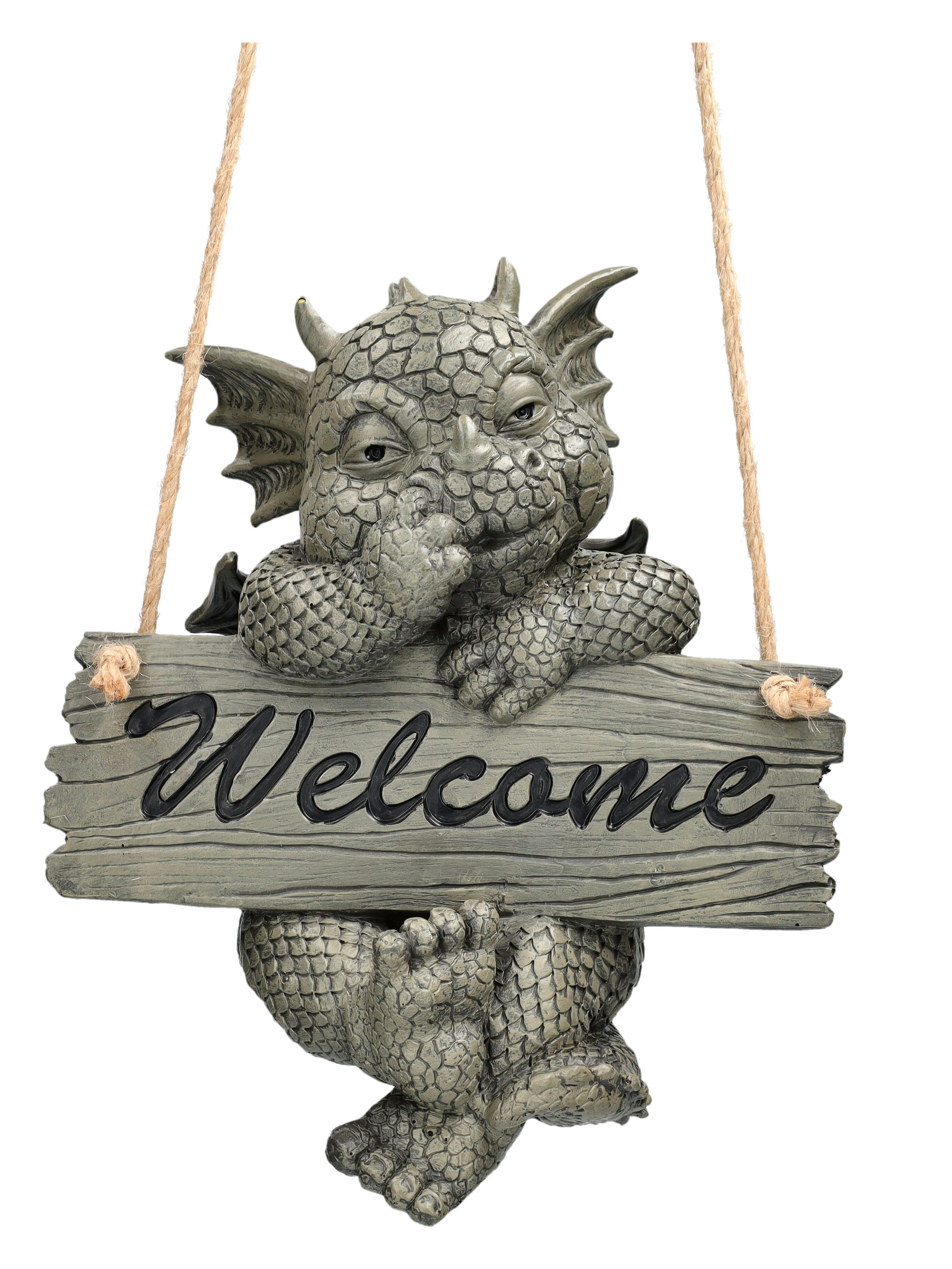 Figuren Shop GmbH Gartenfigur Gartenfigur Drache zum Hängen - Welcome - Garten Dekofigur Dekoration