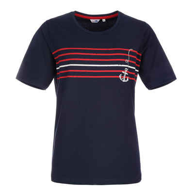 modAS T-Shirt Damen Kurzarmshirt mit Anker-Streifen-Print - Maritimes Rundhalsshirt