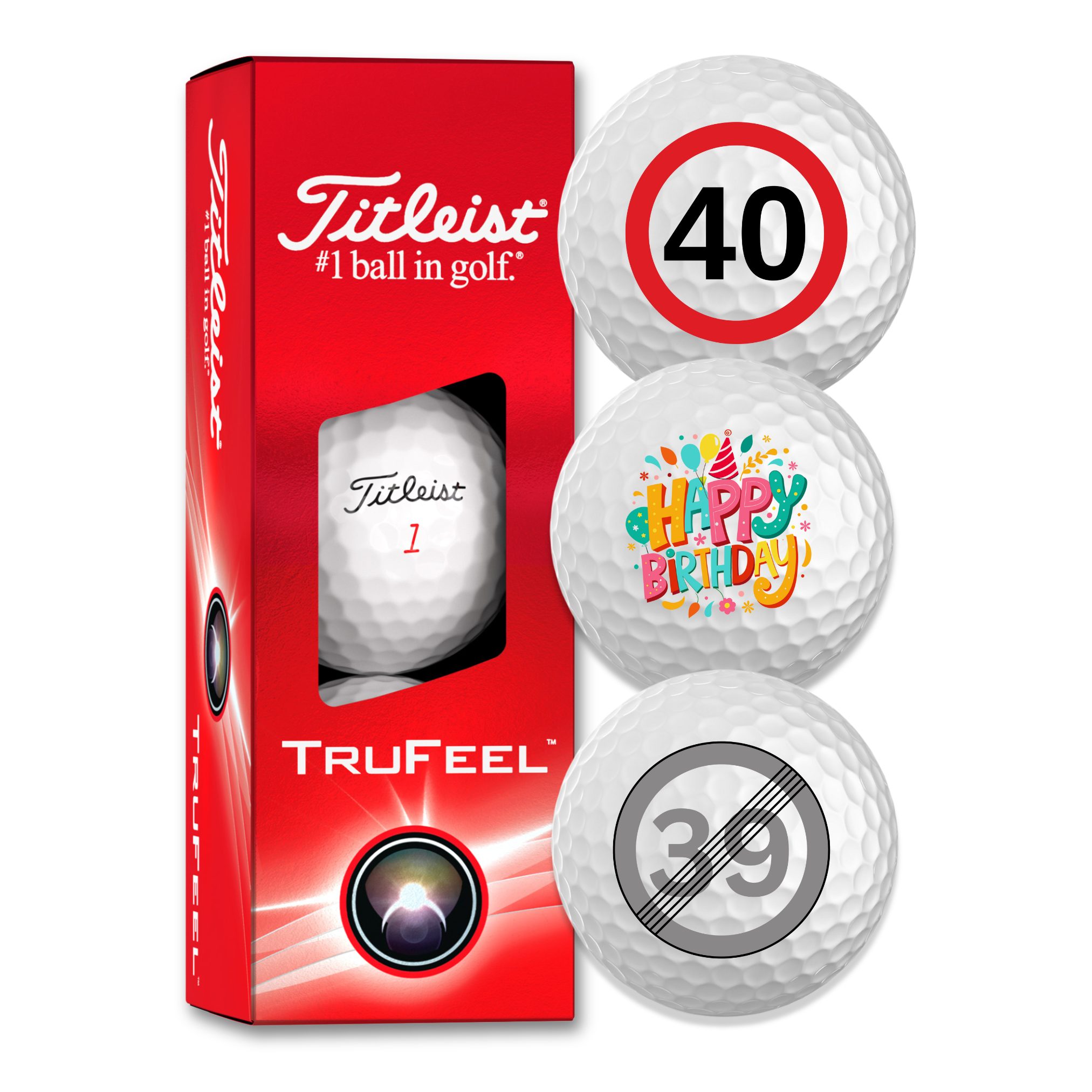 Titleist Golfball Trufeel 40., 50., 60. oder 70. Geburtstag "Happy Birthday" (1-St)