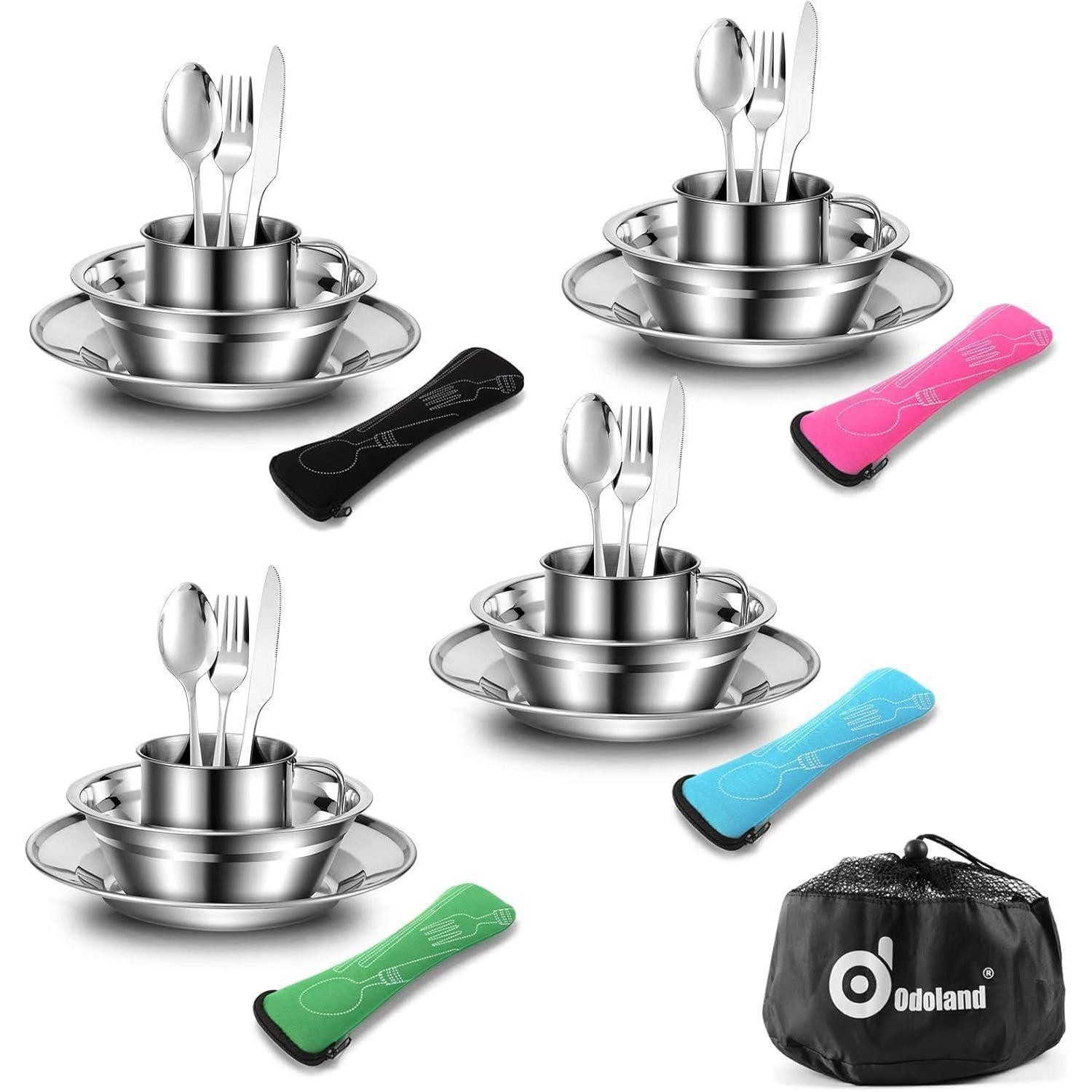 LuxusKollektion Besteck-Set Campingbesteck Set Edelstahl Outdoor 29-teilig Teller Tasse Besteck