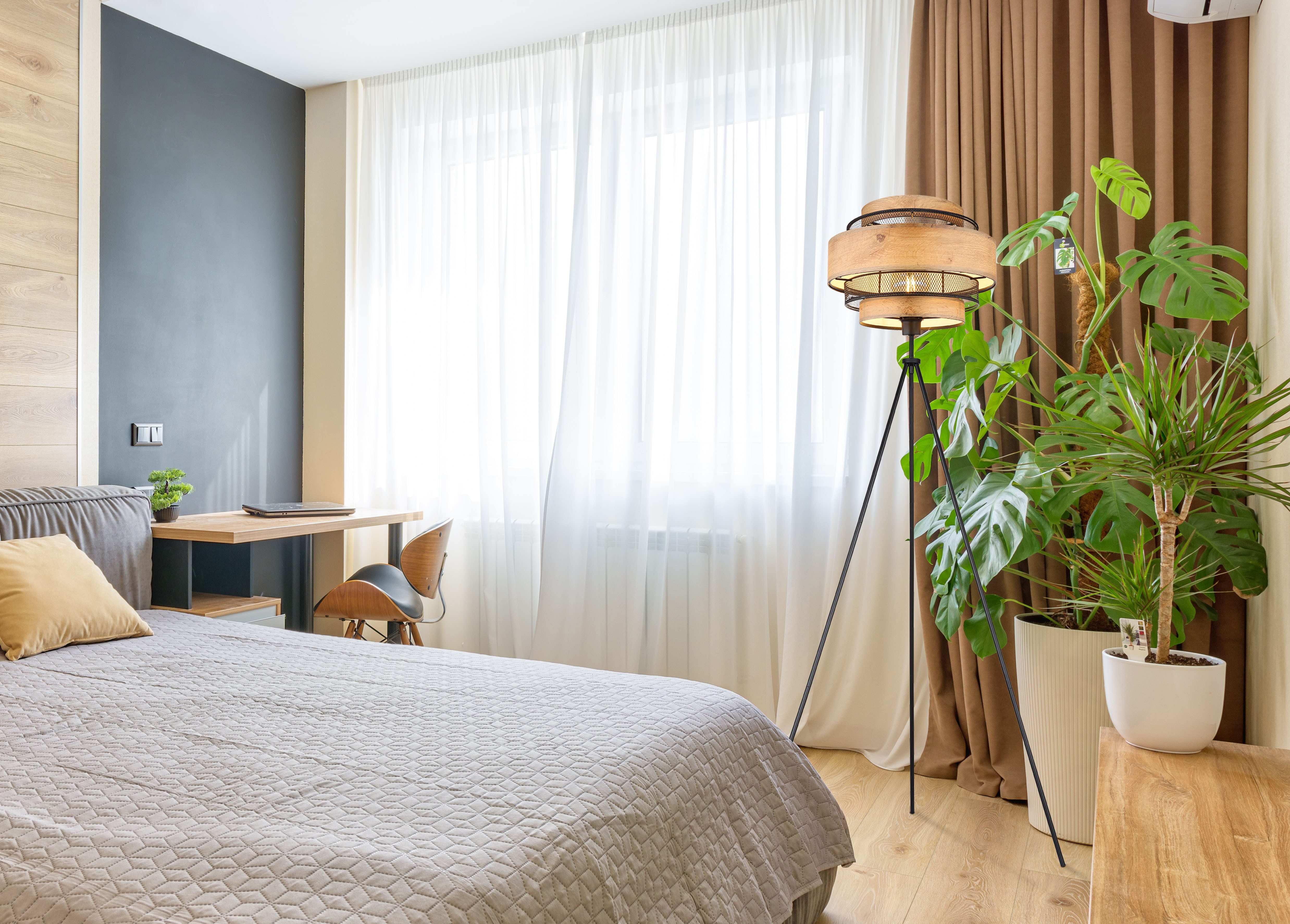 GLOBO LIGHTING Stehlampe SOENI, ohne Leuchtmittel, Stehlampe/holzoptik/Metallgeflecht/Wohnzimmer/Flur