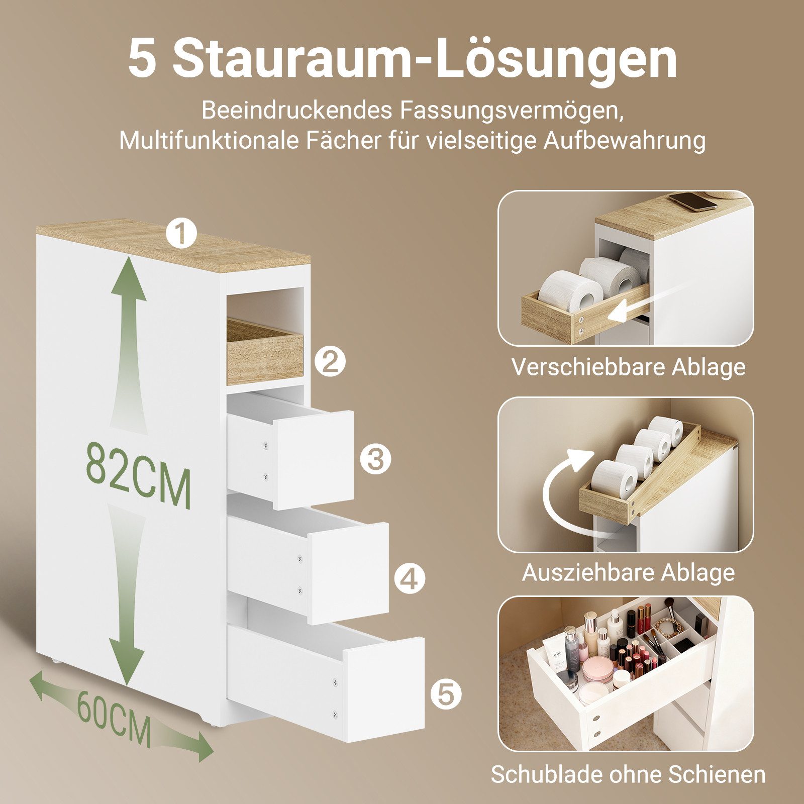 SoBuy Beistellwagen BZR54, Badezimmerschrank mit Rollen, Badschrank schmal, Kommode, Küchenwagen schmal Nischenwagen Badezimmerregal mit Rädern, ausziehbar