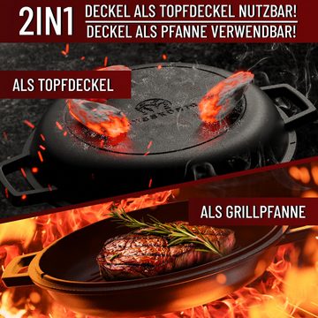 GUSSKÖNIG Grilltopf Dutch oven 2in1 Eingebrannter Gusseisen Topf 4,8L & Gusspfanne 1,8L