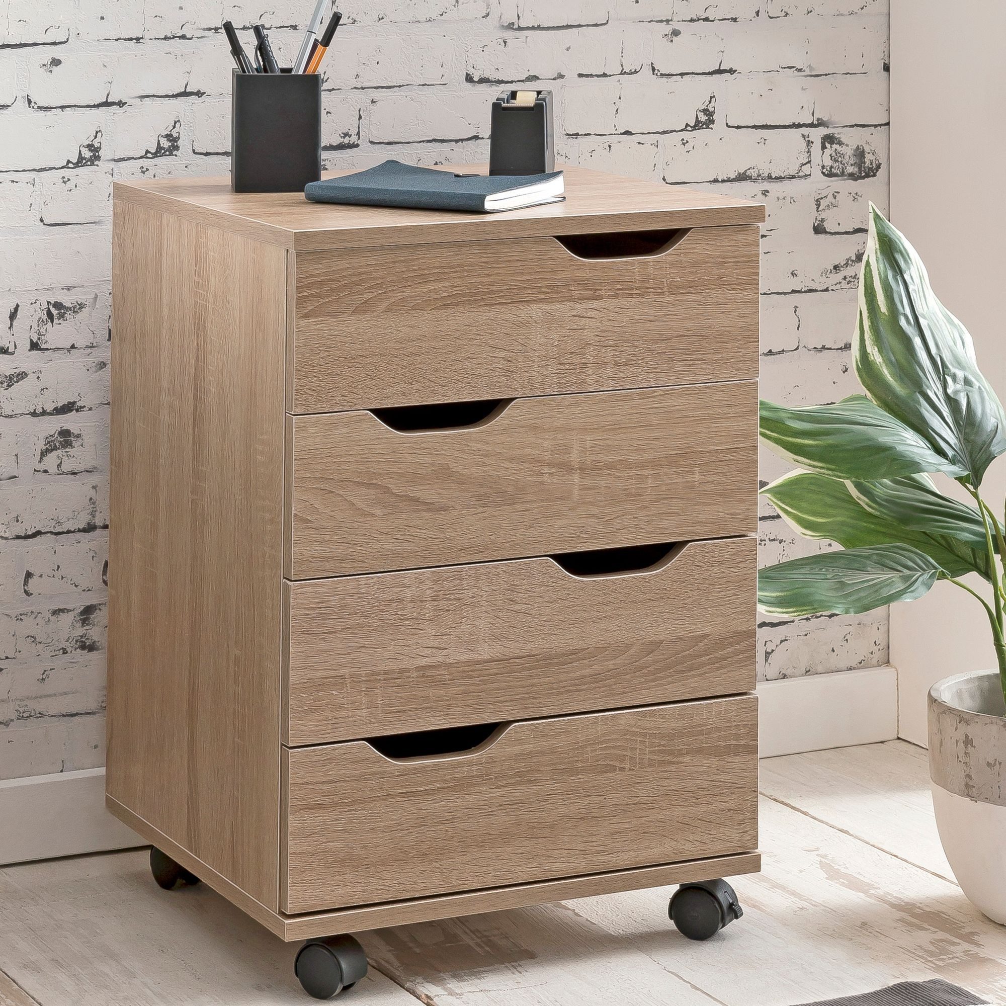 FINEBUY Rollcontainer SuVa16415_1, (Bürocontainer Sonoma 40x60x40cm, Schubladenschrank), Schreibtischcontainer mit Rollen und Schubladen