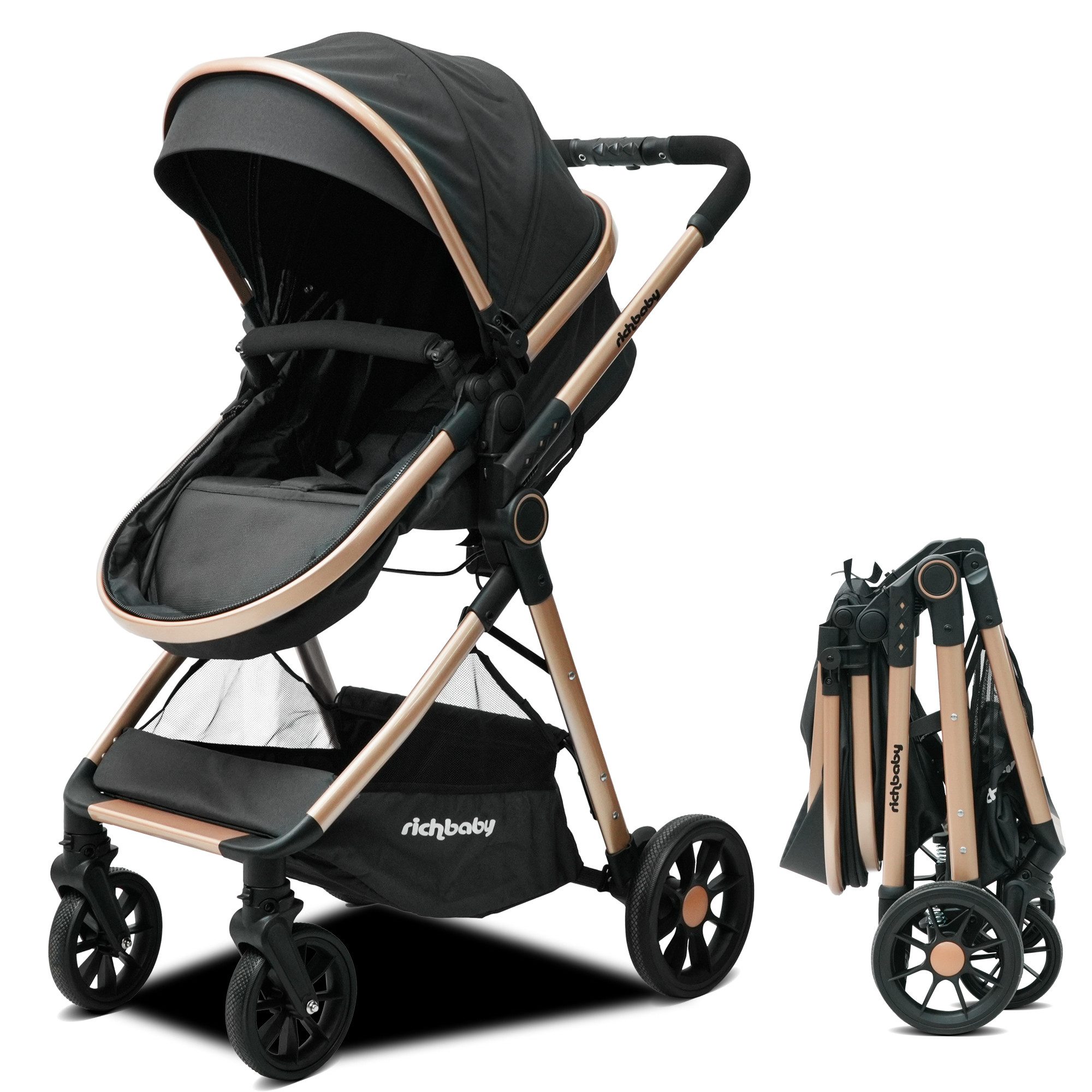 kowdom Kombi-Kinderwagen Kinderwagen 2-in-1 verstellbar 0-36 Monate, 2-in-1, 0-36 Monate, Stoßdämpfung, EN1888, reversibler Sitz
