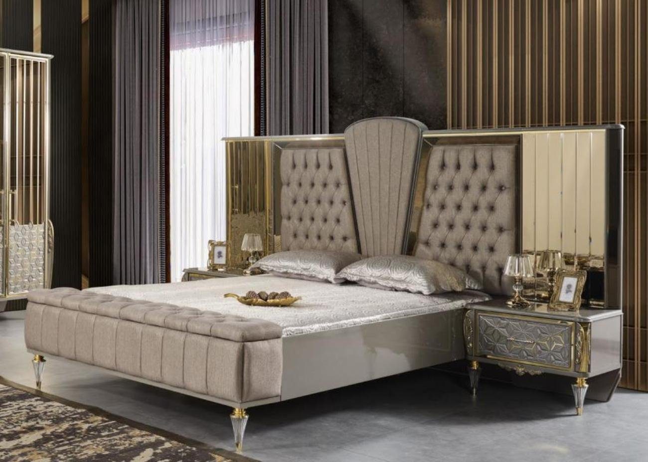 Schlafzimmer-Set Garnitur Doppelbett Luxus Schlafzimmer Beige Nachttische Holz Set 3tlg