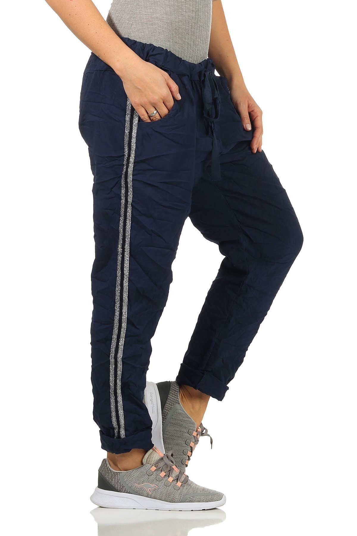 Mississhop M.348 Silberstreifen Damen mit Hose Baumwollhose Jogginghose Seitlichen Blau