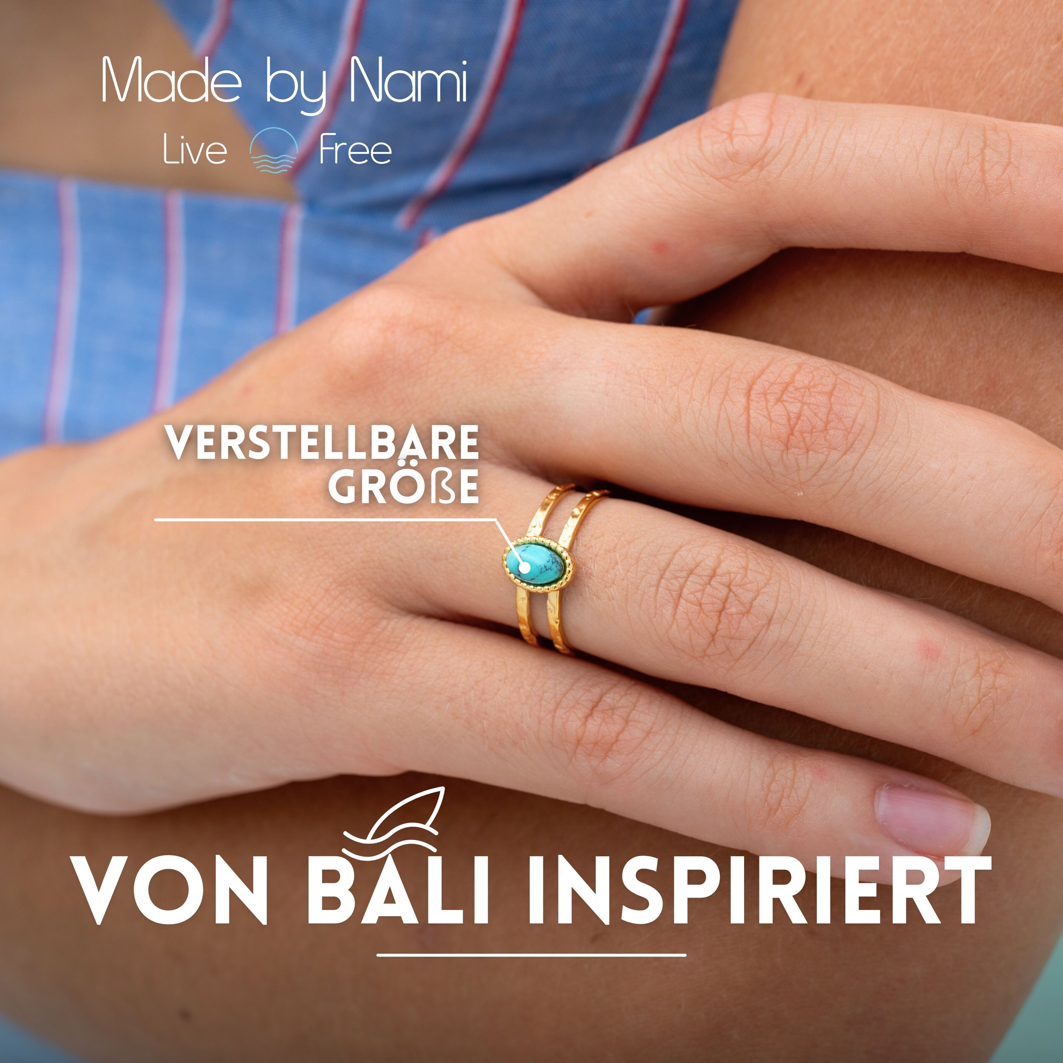 Made by Nami Fingerring Filigraner Boho Edelstahl Ring Gold mit Ovalen türkisen Edelstein, Damen Schmuck Größenverstellbar & Wasserfest
