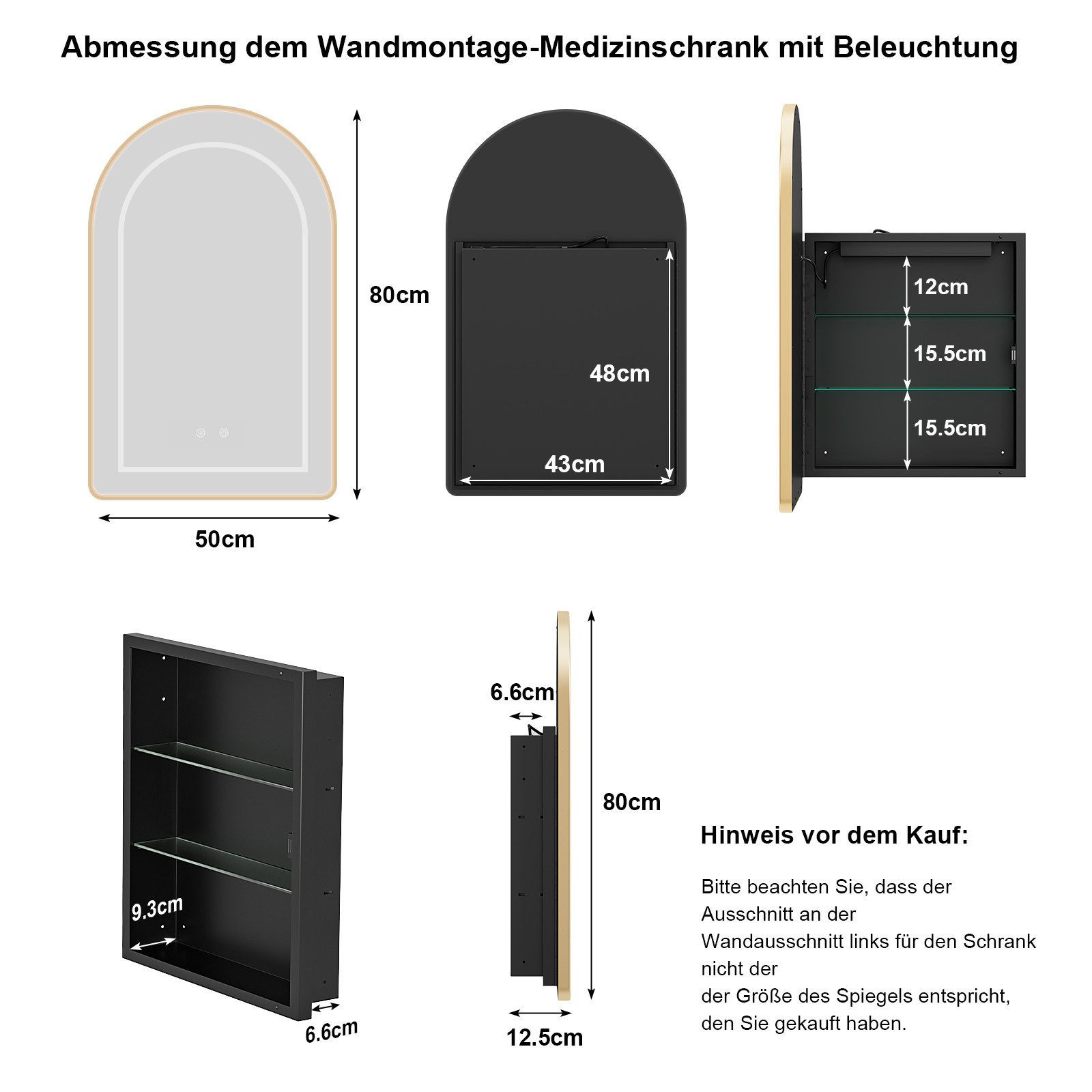 radelldar Badezimmerspiegelschrank Medizinschrank mit Spiegel, Montagefrei Metall Feuchtigkeitsschutz (1-St) mit LED-Beleuchtung und Entnebelungsfunktion, 50x80x12,5 cm