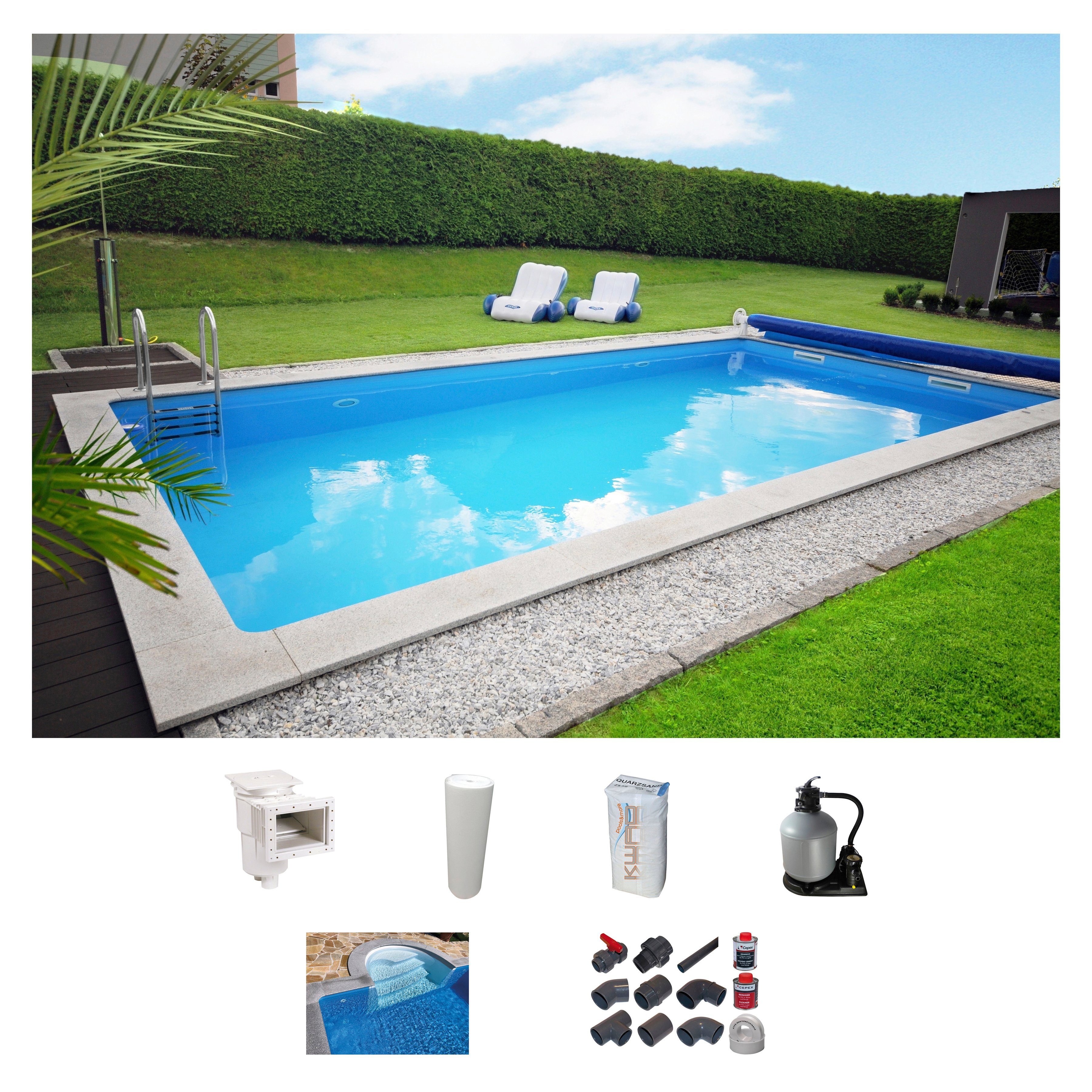 KWAD Rechteckpool mit Römertreppe (Set), 8x4, 7x3,5 oder 6x3m Höhe: 1,50m, mit Foliensack 0,6mm