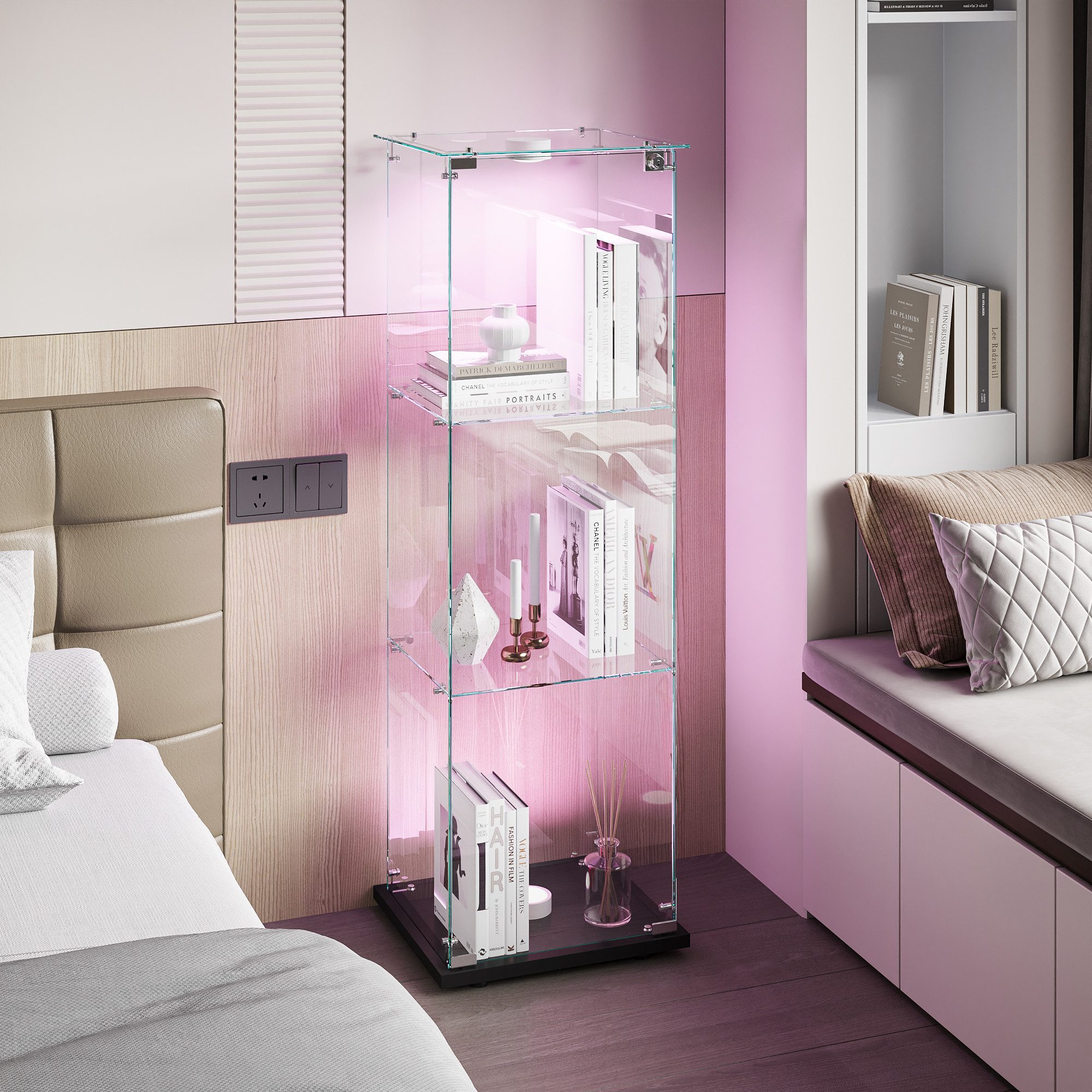 FUROKOY Glasvitrine Standvitrinen, Vitrine aus gehärtetem Glas (Set, 1-St., Vitrinenschrank mit 1 Glastür und Beleuchtung für Sammler, Bücher) Schwarz 3 Lagen Sammlervitrine