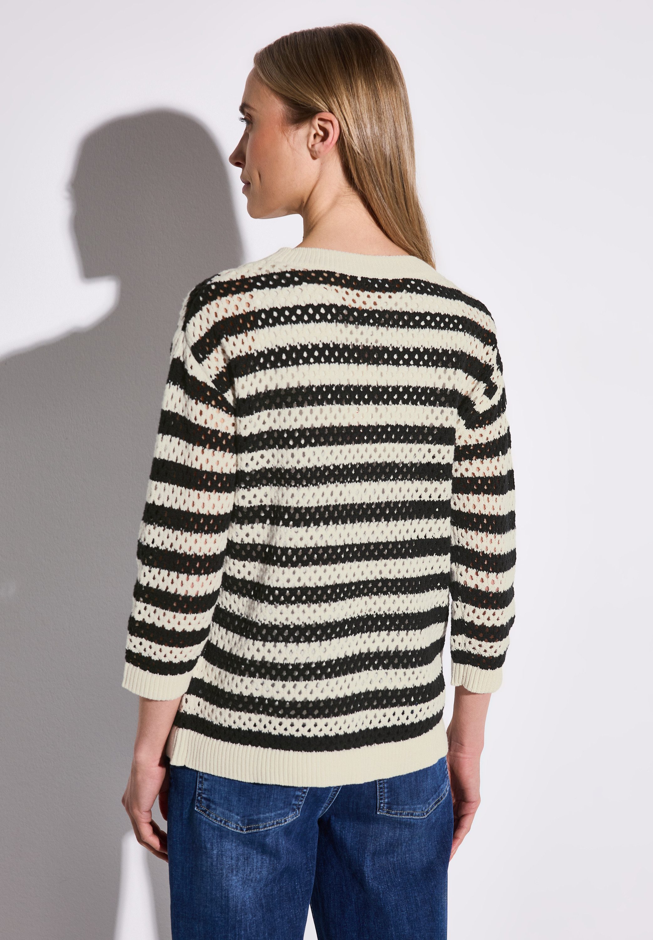STREET ONE 3/4 Arm-Pullover mit Streifen und Lochmuster, Pulli mit