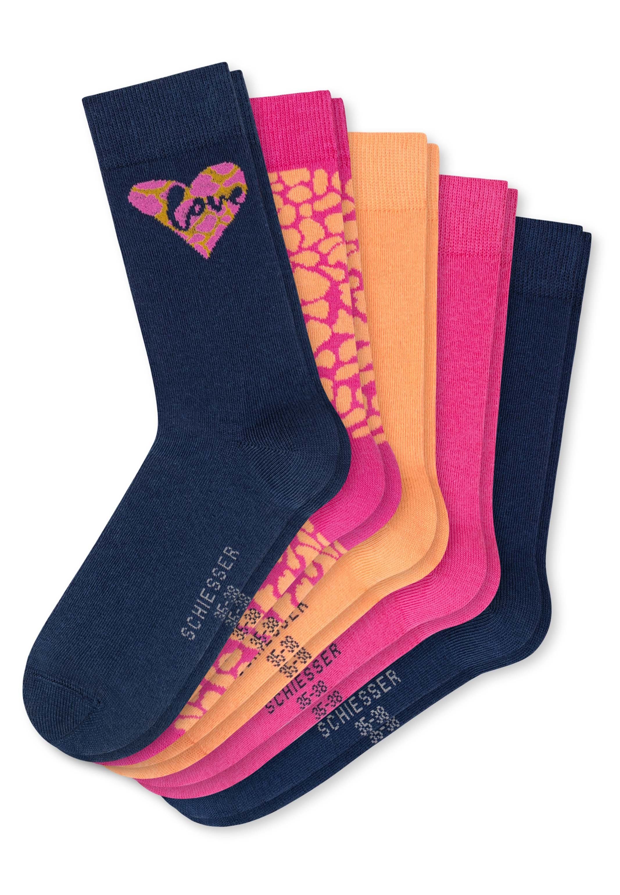 Schiesser Langsocken 5er Pack Love (Spar-Set, 5-Paar) Kindersocken Mädchen - Baumwolle - Mit handgekettelter Naht Pink/Dunkelblau