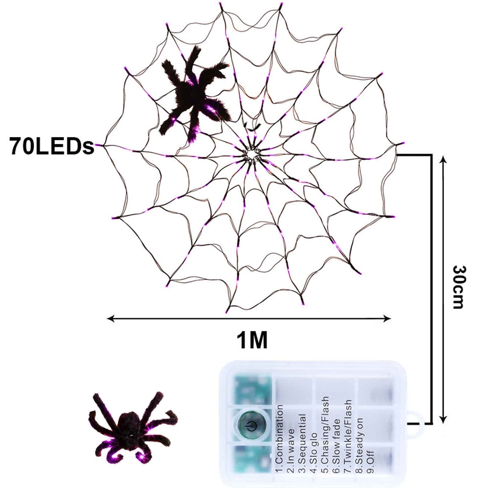 Lapamax LED-Lichterkette Halloween Spinnennetz-Lichterkette, 70 LEDs, 1 m, 8 Lichtmodi, lila, Batteriebetrieb, Fernbedienung, für Horror Außen Party Garten Deko – Bild 2 von 5