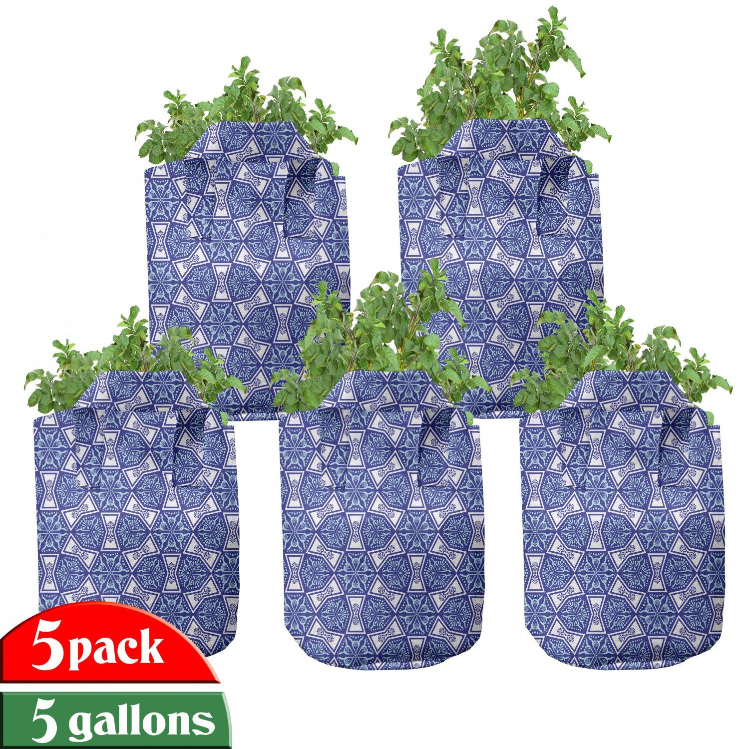 Abakuhaus Pflanzkübel hochleistungsfähig Stofftöpfe mit Griffen für Pflanzen, Blau Indigo Floral Geometrisch | Pflanzkübel