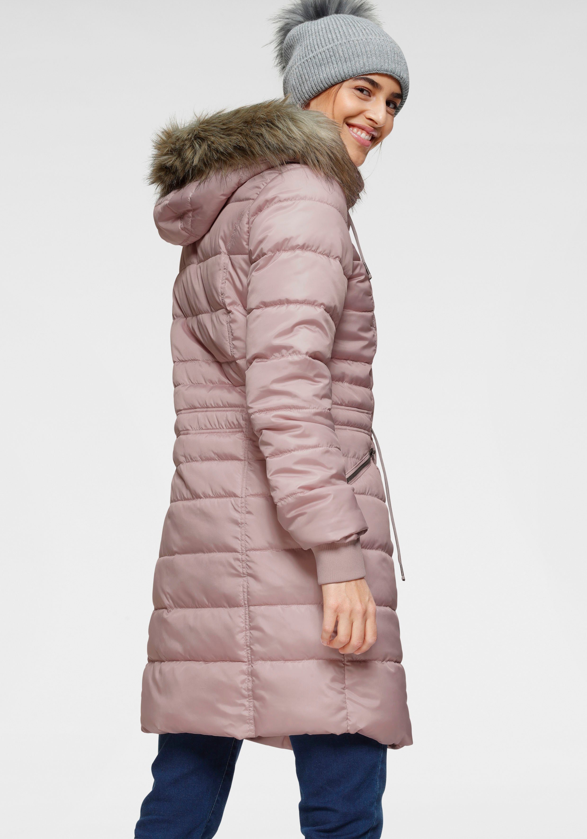 mit aus kuscheligem, Kapuze Fellimitat-Kragen der (Jacke an KangaROOS Material) nachhaltigem Steppjacke rosa abnehmbarem