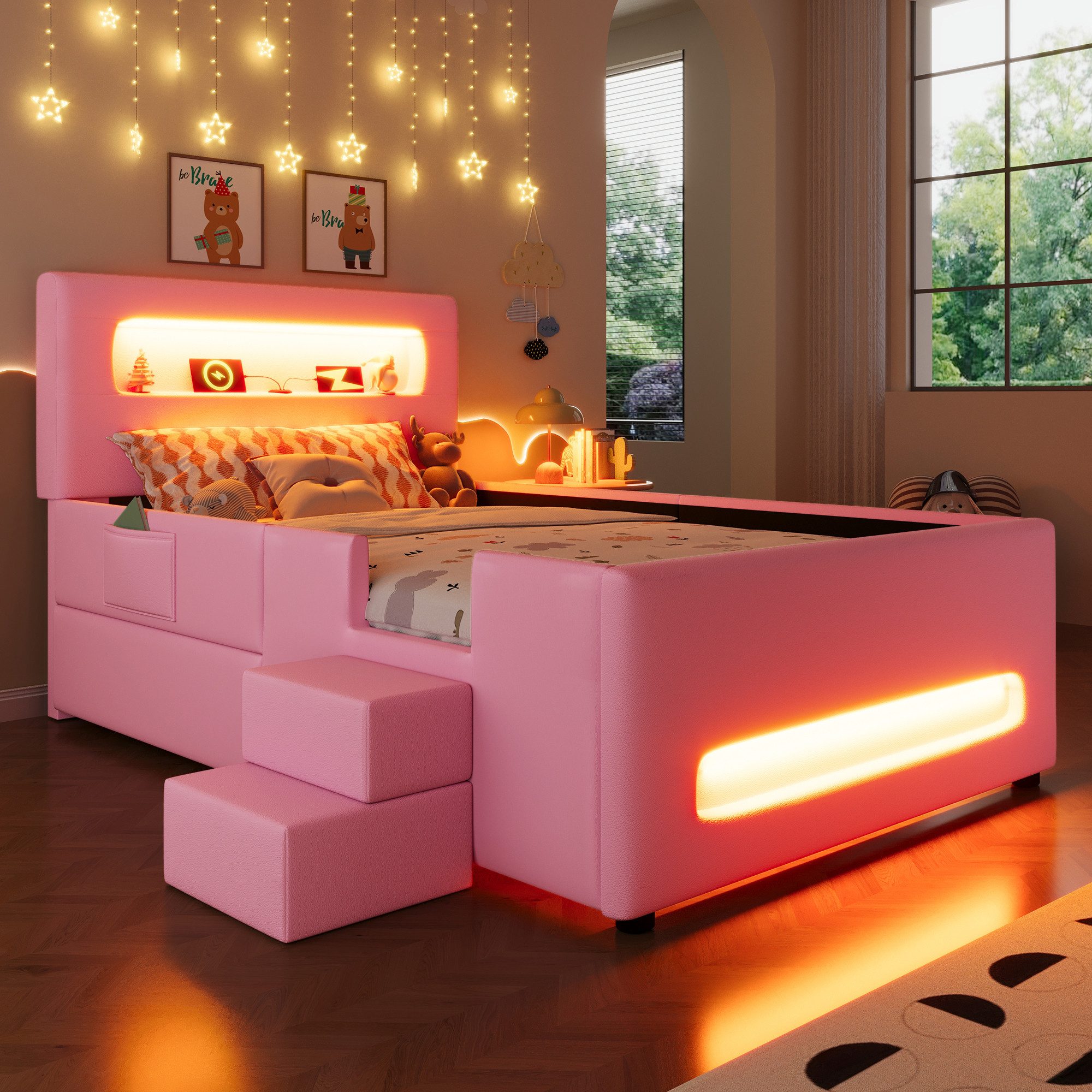 MODFU Kinderbett Modernes Komfortbett (mit LED-Leisten & Schublade,Kunstleder, 1-tlg., 218 x 97 x 95), mit Treppe