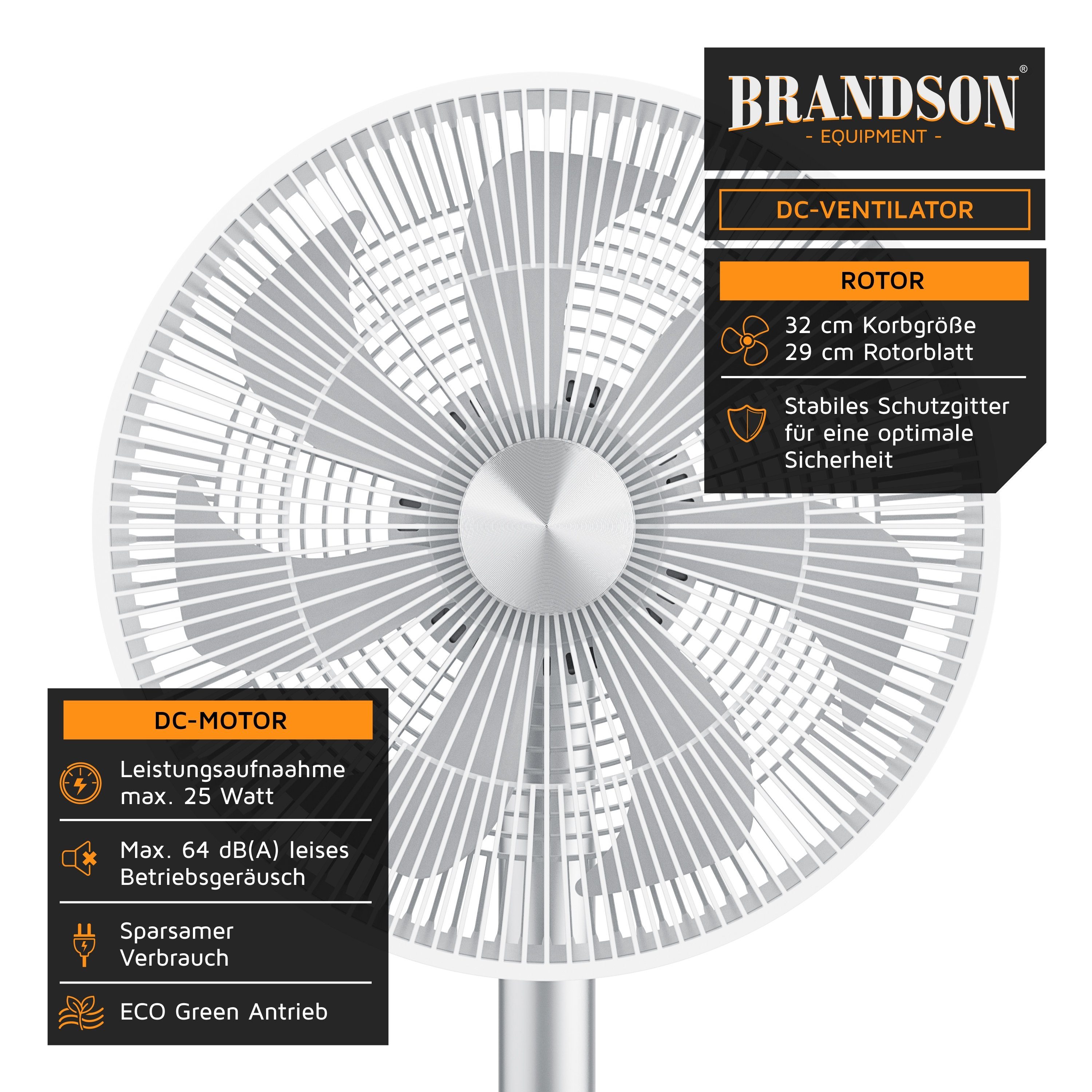 Brandson Standventilator Standlüfter 25W, leise, DC Motor, höhenverstellbar, Oszillation, Timer, 32 cm Durchmesser, Preisträger 2025, 9 Geschwindigkeitsstufen, mobiler Lüfter GS-Geprüft