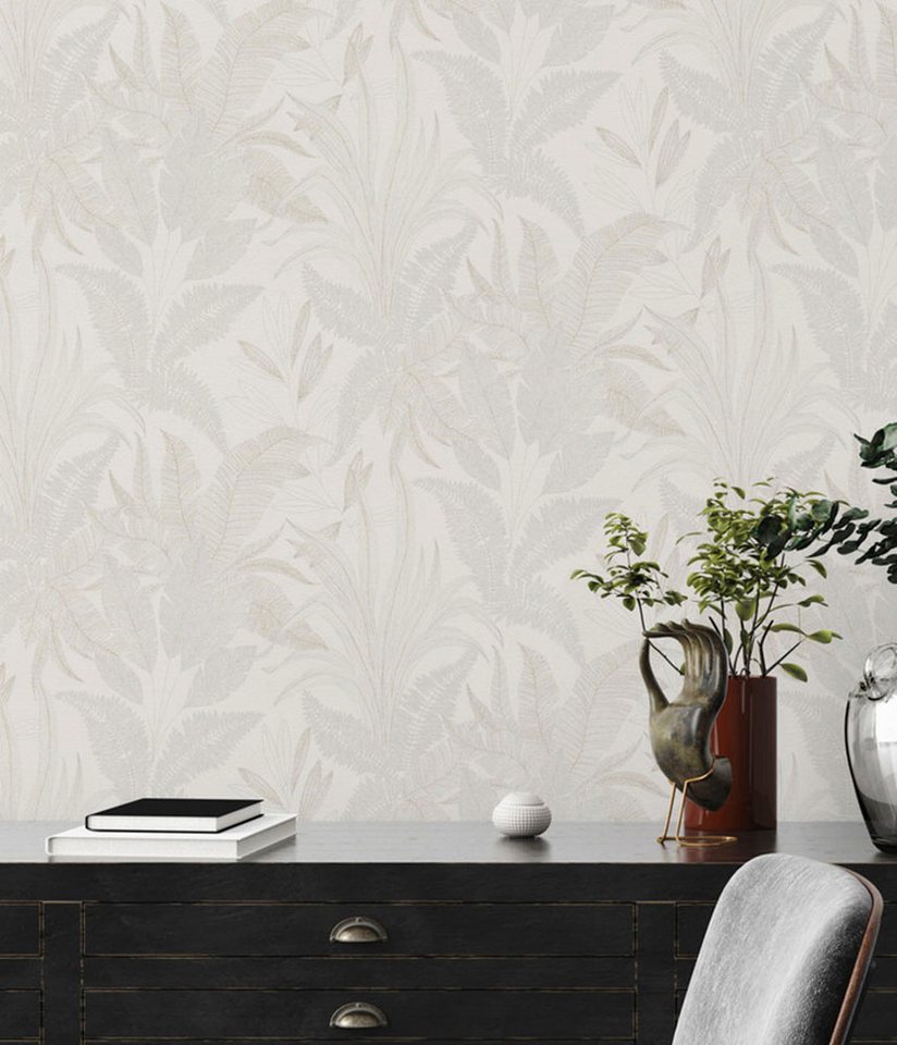living walls Vliestapete Stories of Life florale Tapete Blätter Creme Beige, leicht strukturiert, floral, Wald, botanisch, (1 St), Metallic Vliestapete für Schlafzimmer Tapeten Wohnzimmer Schlafzimmer