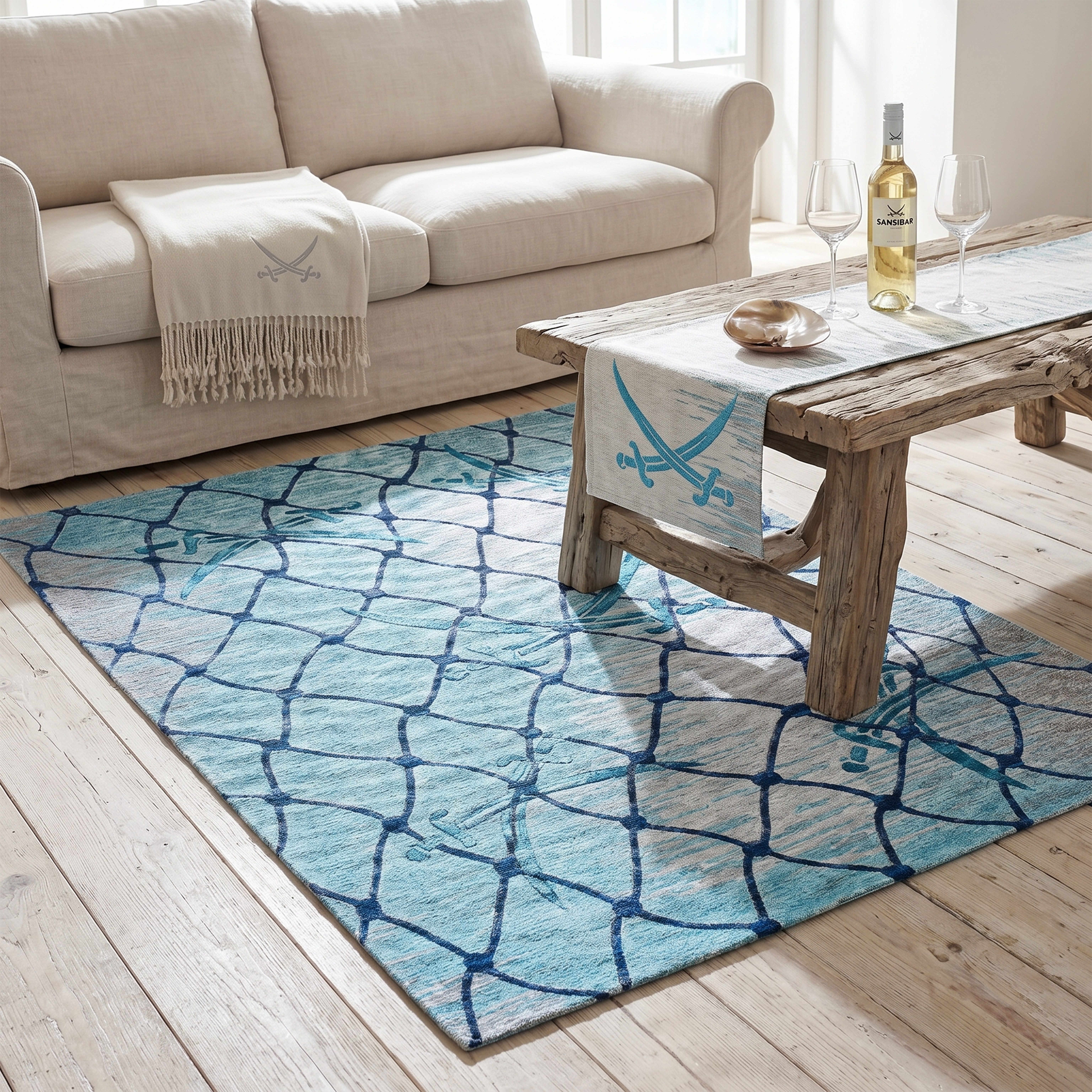 Sansibar Teppich Keitum 005, rechteckig, Höhe: 3 mm, Flachgewebe, modernes Design, Motiv Fischernetz & gekreuzte Säbel