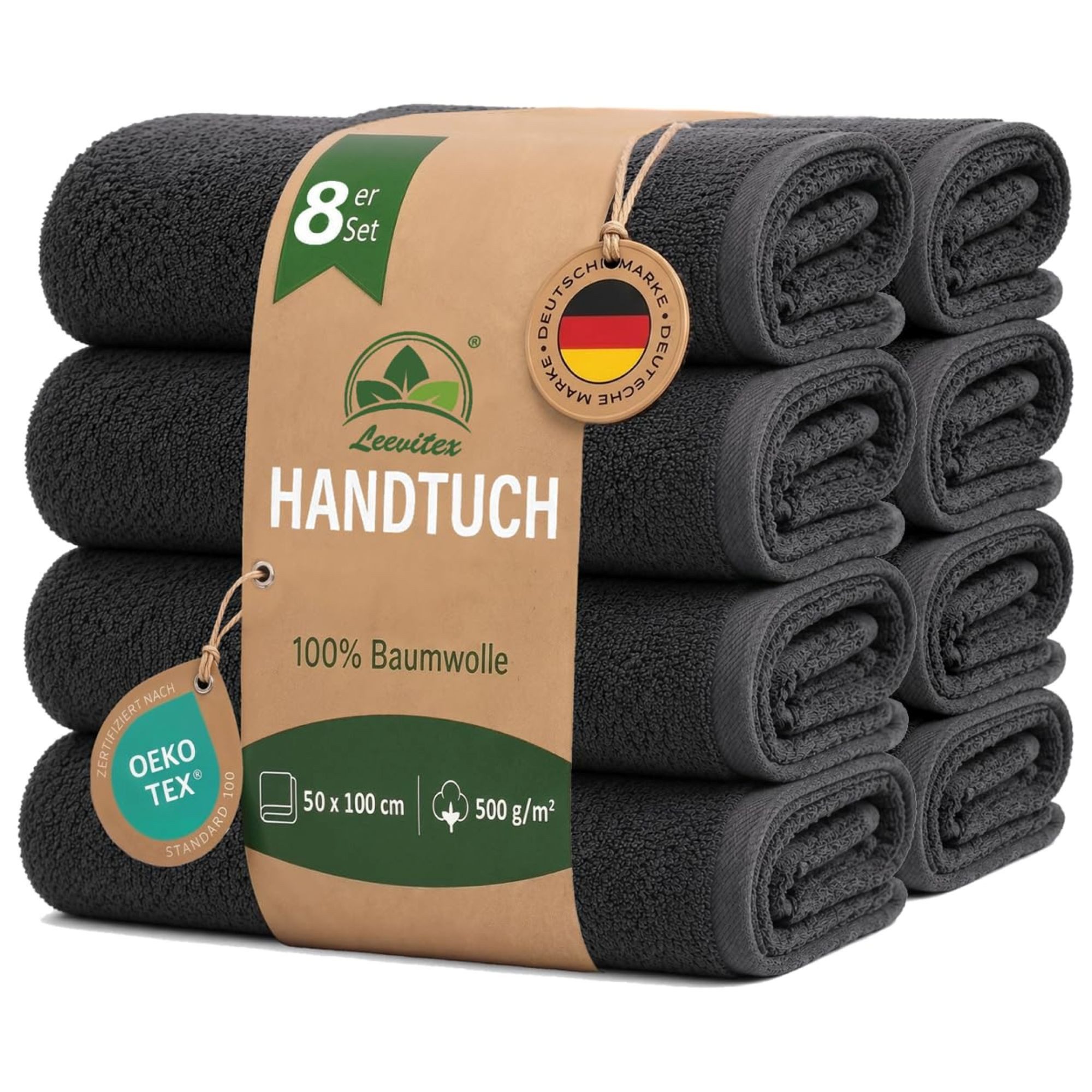 leevitex® Handtücher 8er-Set, 50 × 100 cm, aus 100% Baumwolle, Anthrazit, Frottee (Set, 8-St), OEKO-TEX® STANDARD 100 zertifiziert und hochwertig verarbeitet