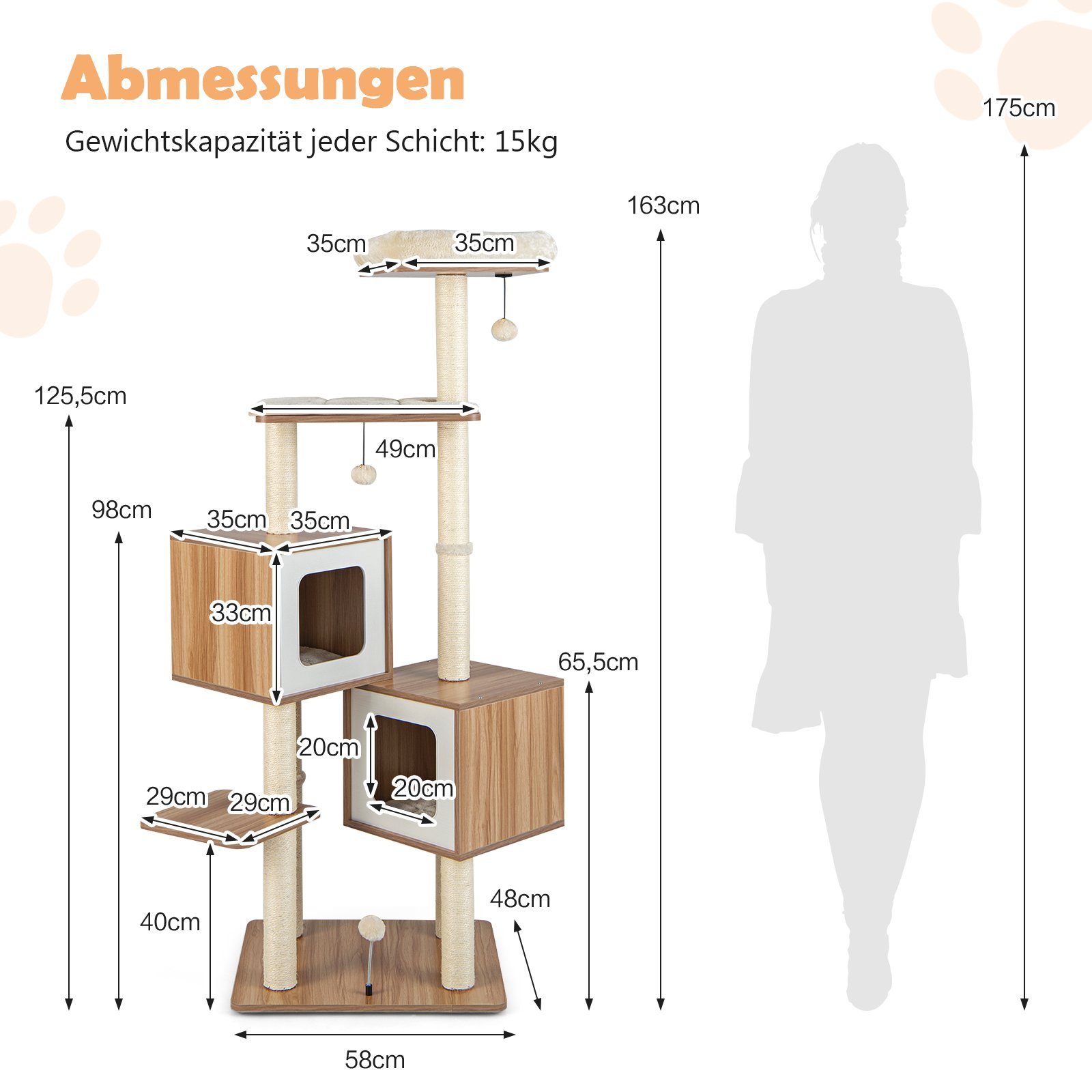 COSTWAY Kratzbaum 163 cm Katzenbaum, mit Sisal & Kissen