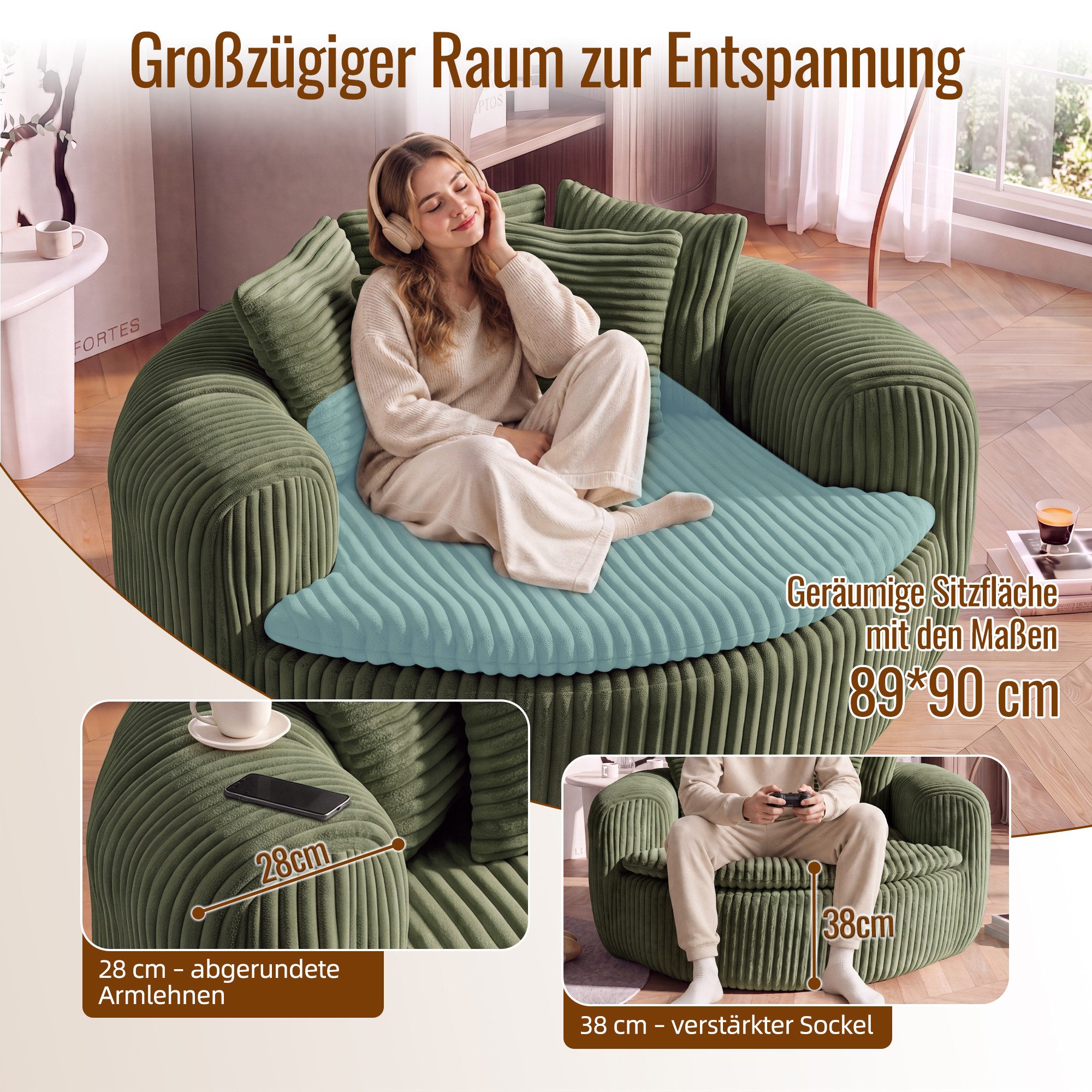 Celya Sitzsack mit gepolstertem tiefem Sitz und fünf Rückenkissen (Loungesessel für Erwachsene, extrabreite umschließende Armlehnen) – Bild 5 von 5