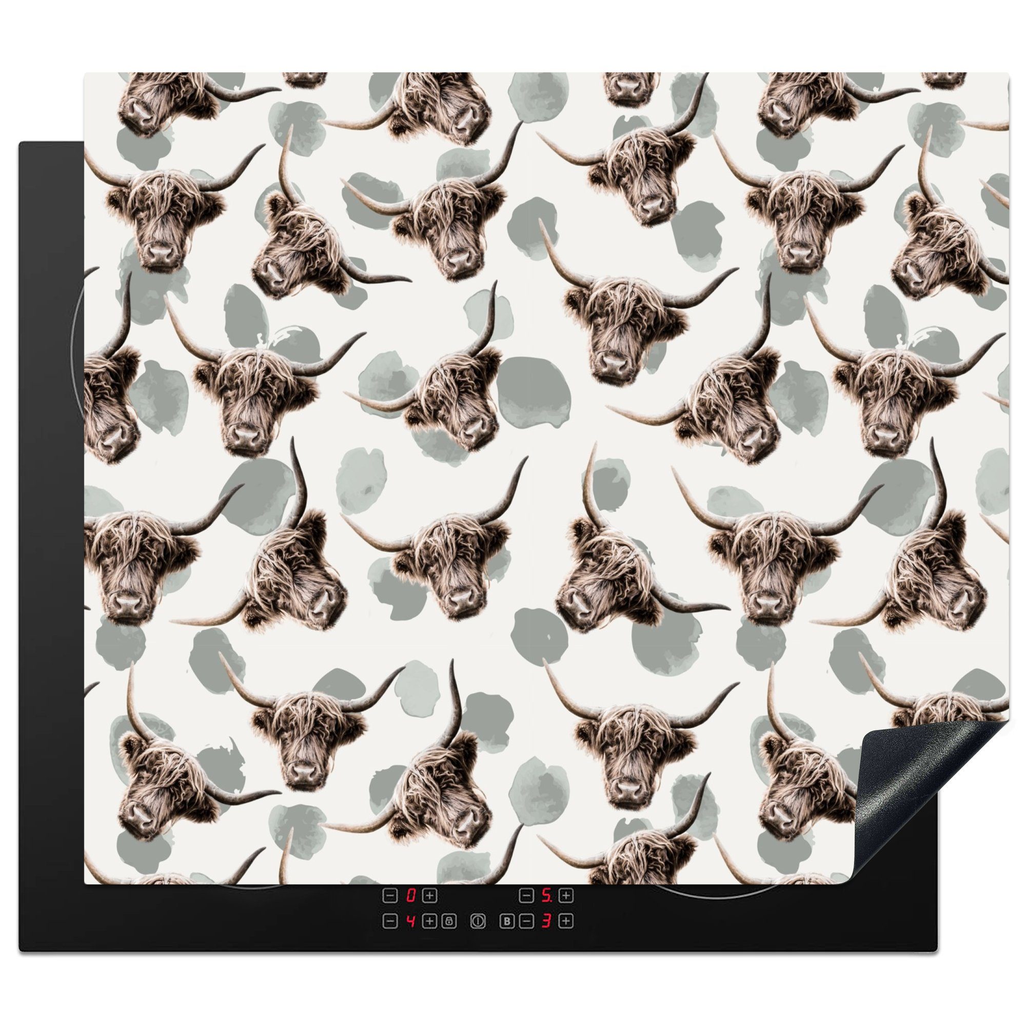 MuchoWow Herdblende-/Abdeckplatte Schottischer Highlander - Kuh - Muster, Vinyl, (1 tlg), 59x52 cm, Ceranfeldabdeckung für die küche, Induktionsmatte