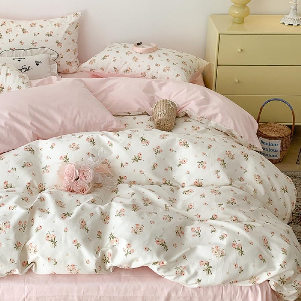 Agger Bettwäsche Wendebettwäsche Set Pink Weiß Blumen & Blätter – Aesthetic, 4 teilig, mit Reißverschluss, weiche moderne Bettbezug Garnitur für Schlafzimmer – Bild 5 von 5