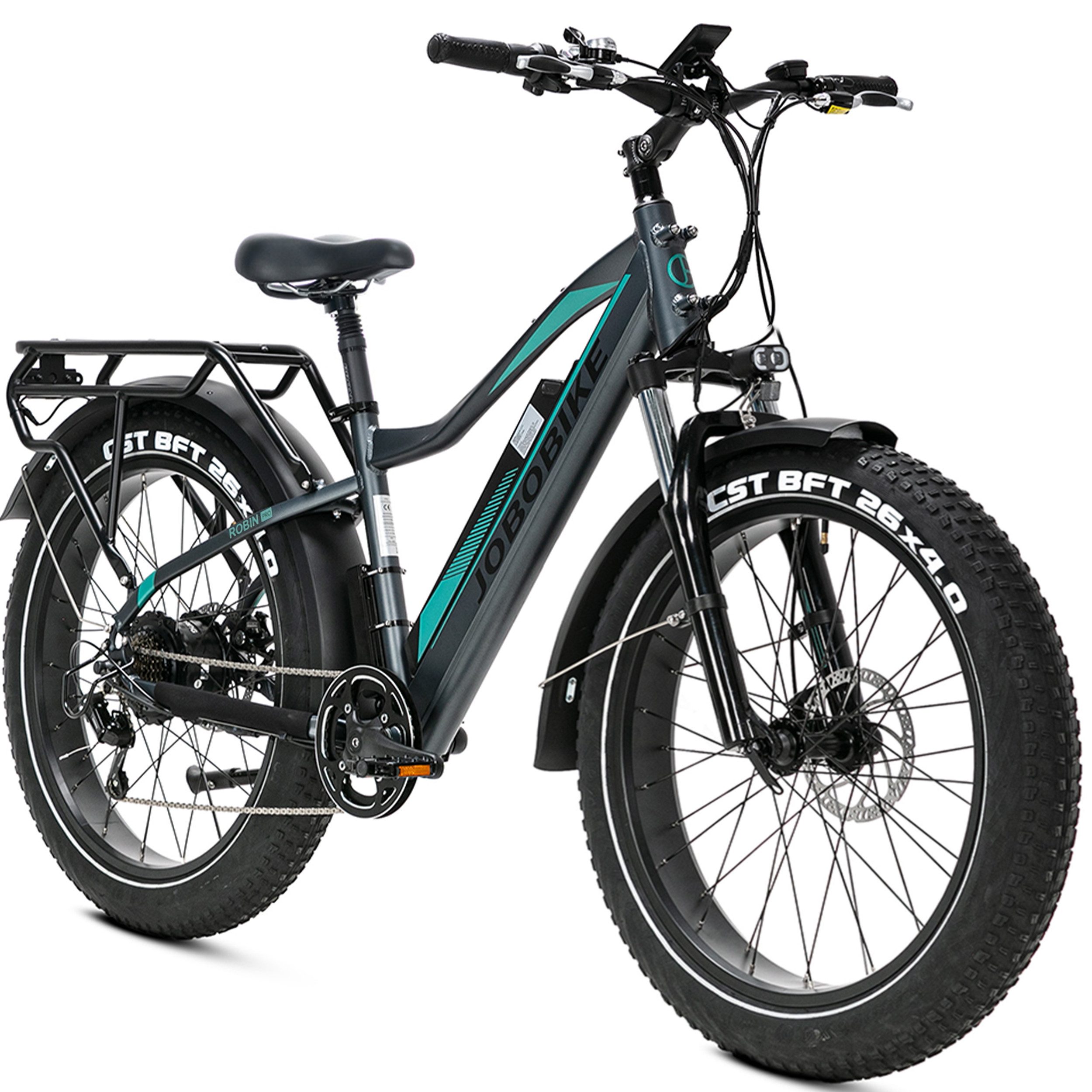 JOBOBIKE E-Bike Mountainbike 26x4,0 Zoll, Elektrofahrrad, 180km, Robin Pro, Gefederte Sattelstütze, 8 Gang Shimano, Kettenschaltung, Heckmotor, 960 Wh, Federgabel, 5 Stufen, Bremslichtfunktion, MTB, für Damen und Herren