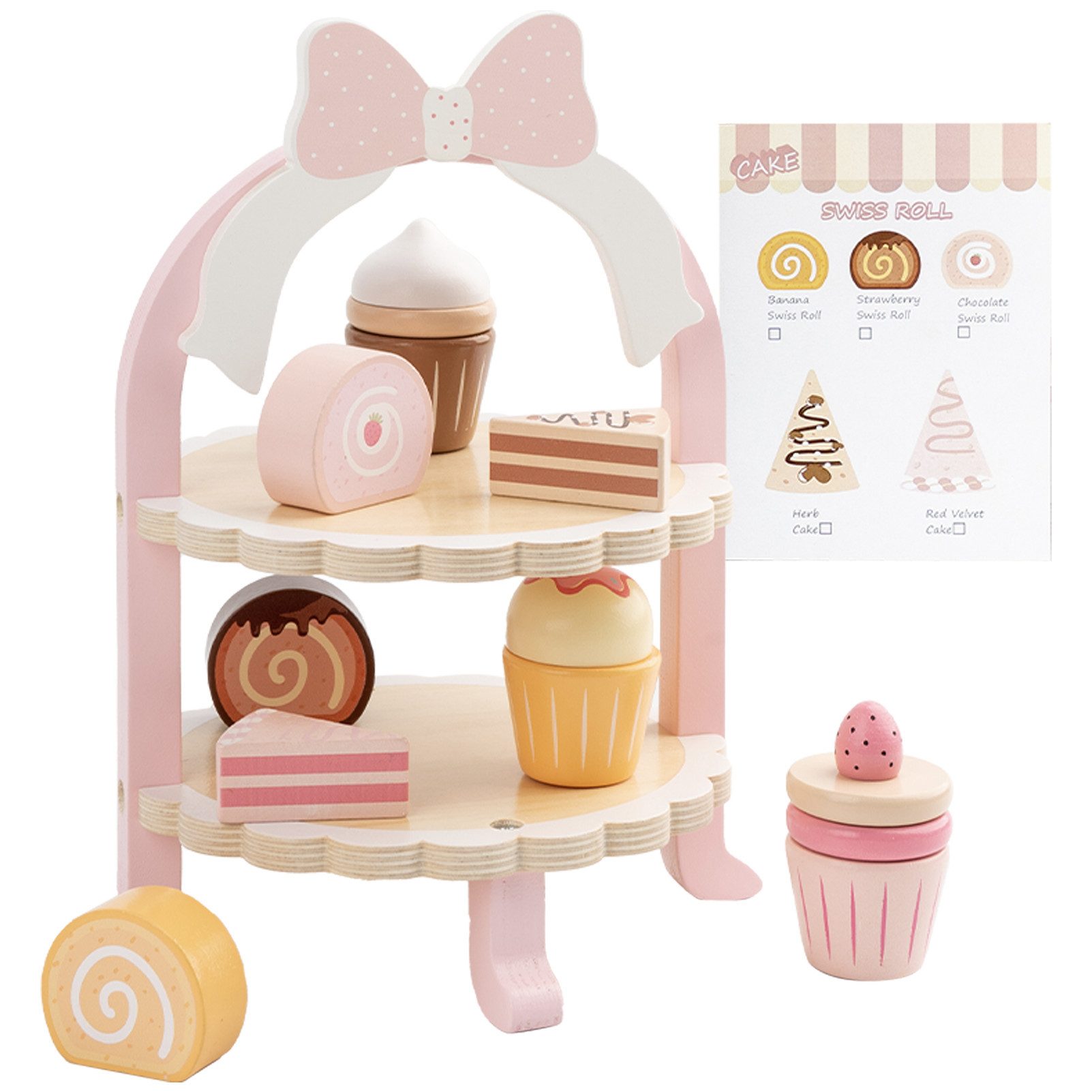Esun Spielküche Kinderküche Spielküche Zubehör Holz, Teeservice Kinder Teeset aus Holz, Kinderspielzeug Tee Set mit Ständer, Teeparty ab 3