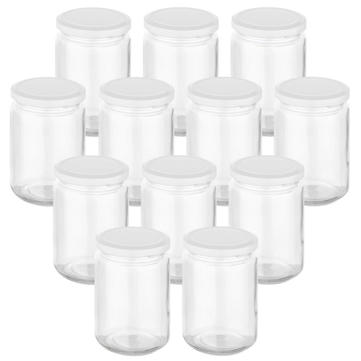 gouveo Einmachglas Einmachgläser rund mit Schraubdeckel - Gläser mit Schraubverschluss, (12er Set, weiss, 350 ml), Mit Twist-Off-Deckel, mehrweg