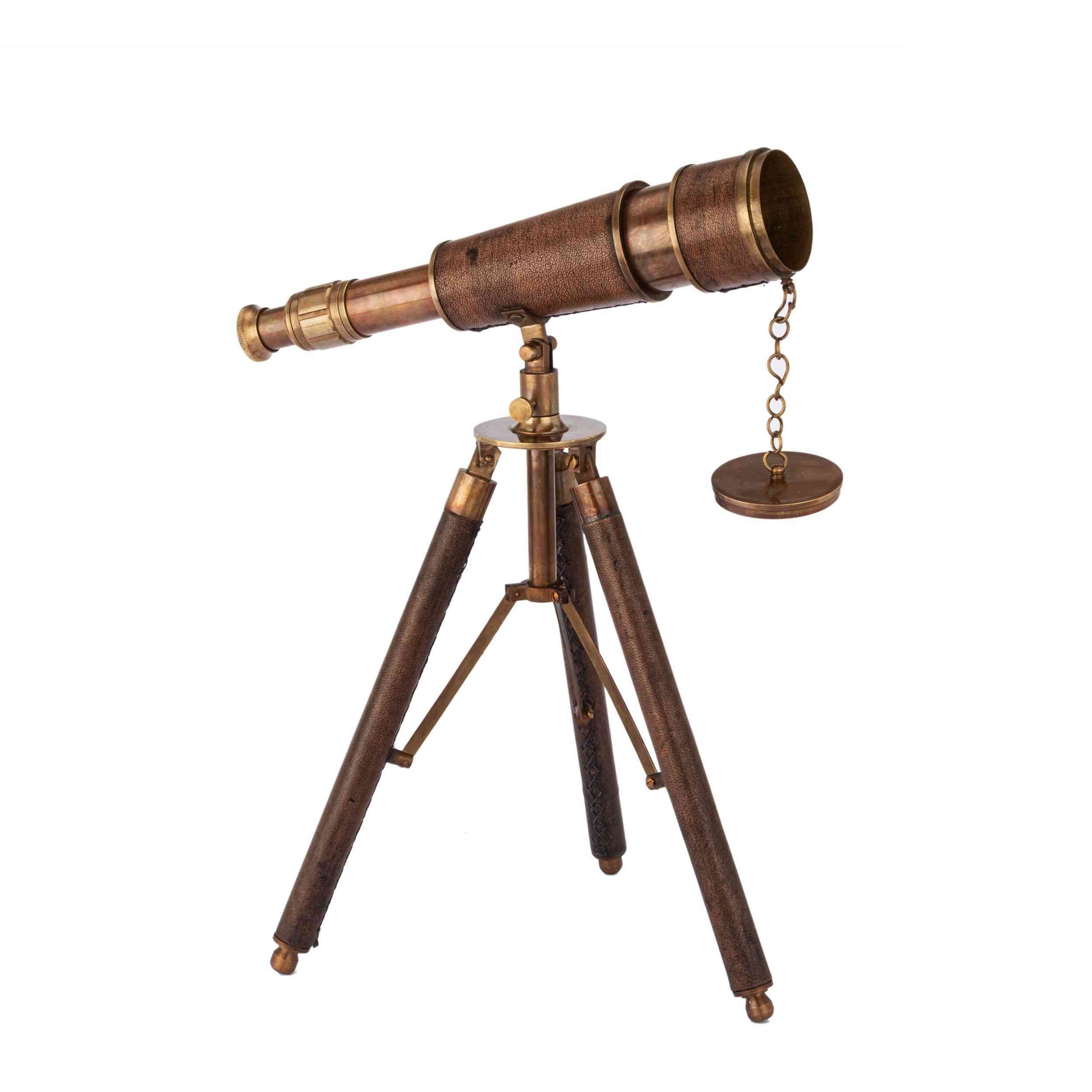 Dekofigur Dreifuß-Teleskop aus antikem Messing und Leder 34x25,5x30cm Maritime D