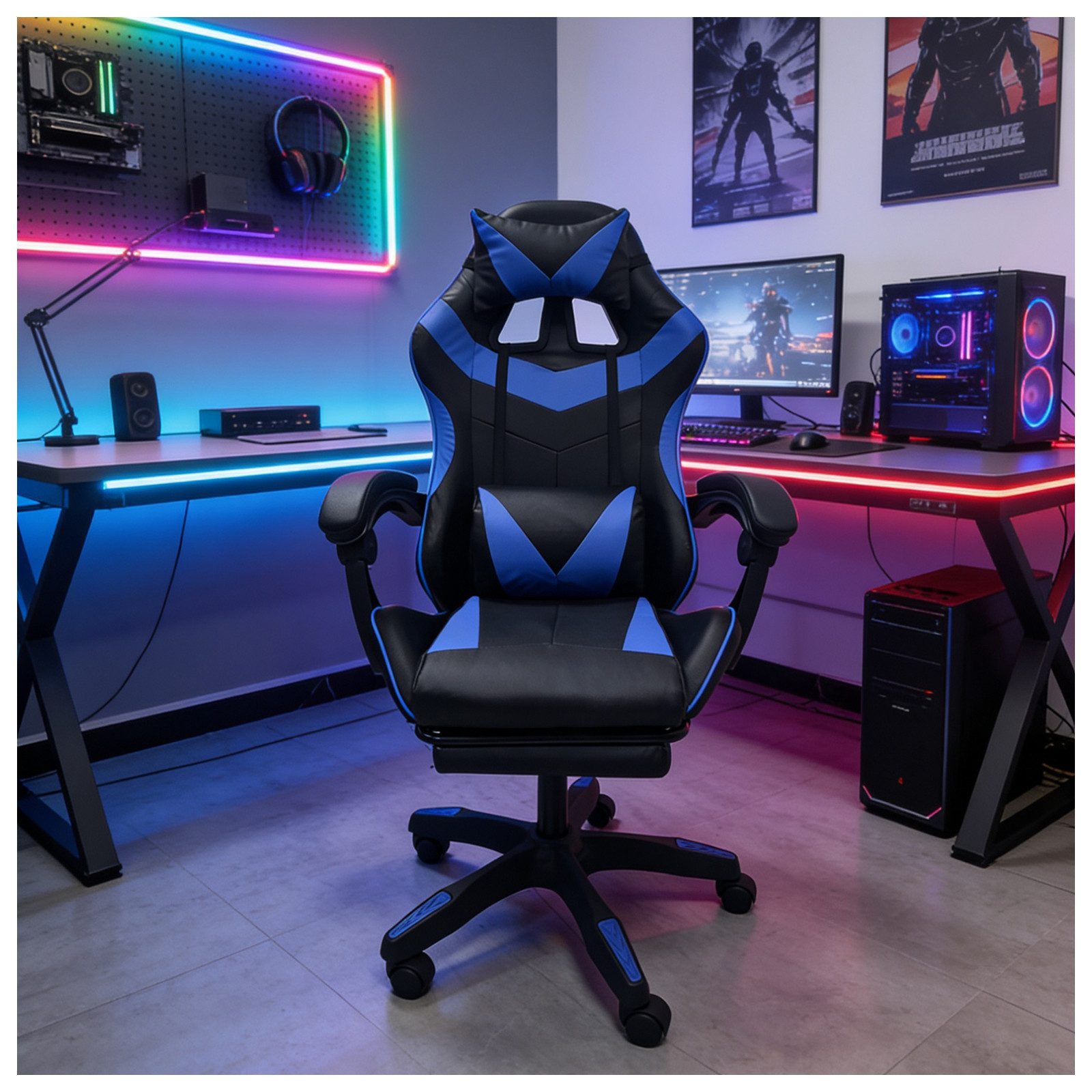 HTI-Living Gaming-Stuhl Ergonomischer Gaming Stuhl mit Fußstütze Racing-Design Schwarz-Blau (Stück, 1 St)